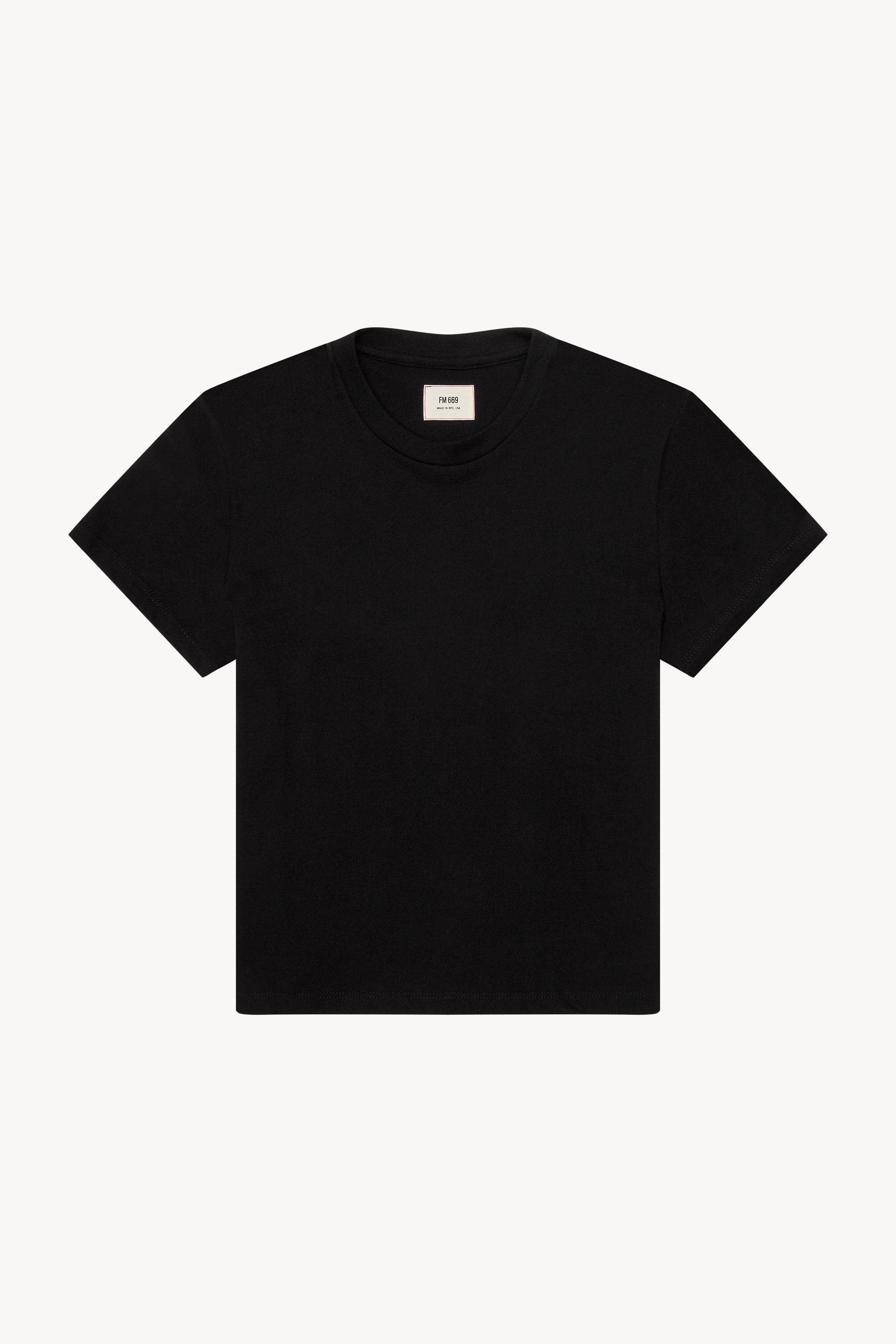The black T101 classic tee in a white background. 100% made from organic grown cotton.