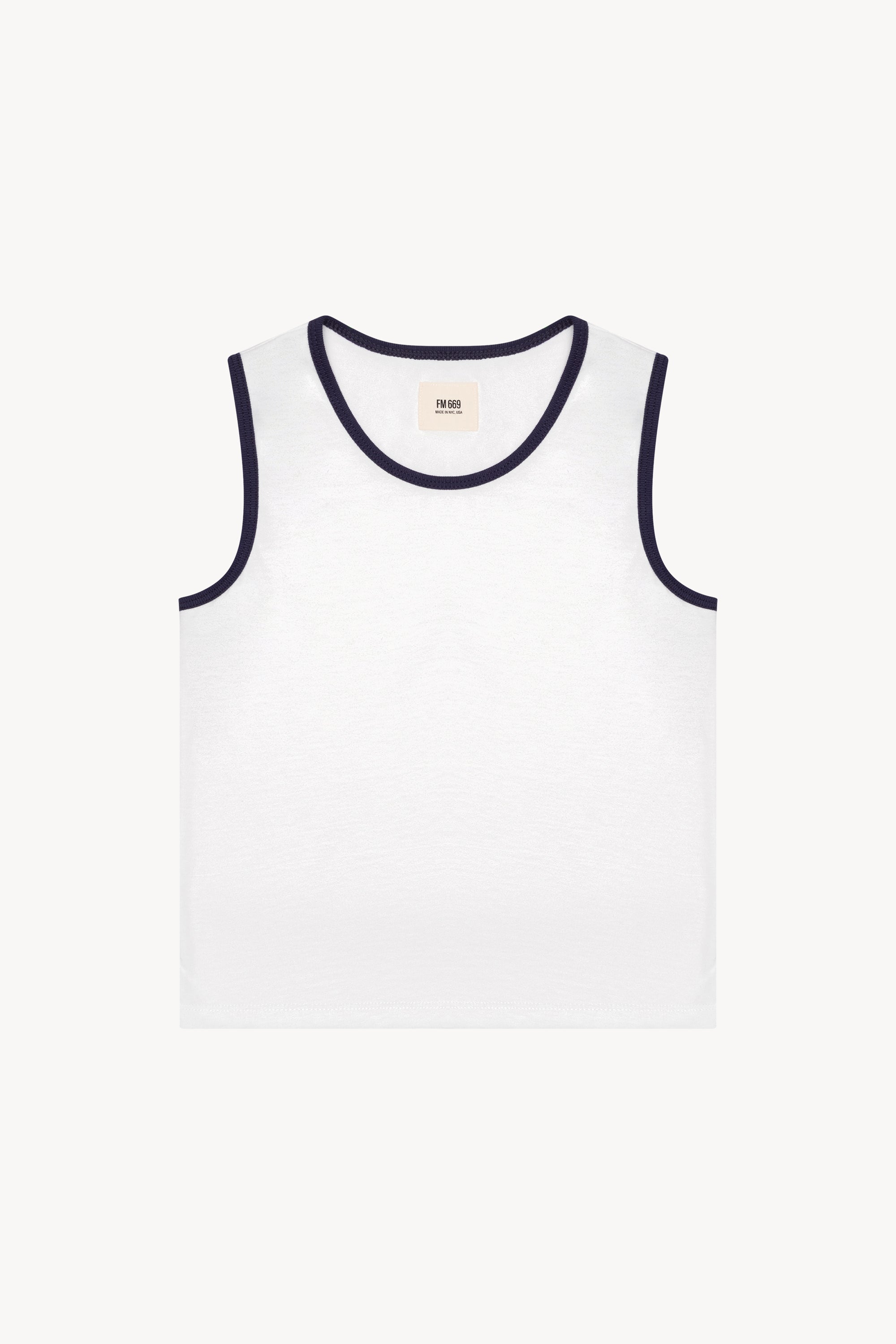 The white/navy 03 tank in a white background. 100% made from organic grown cotton.