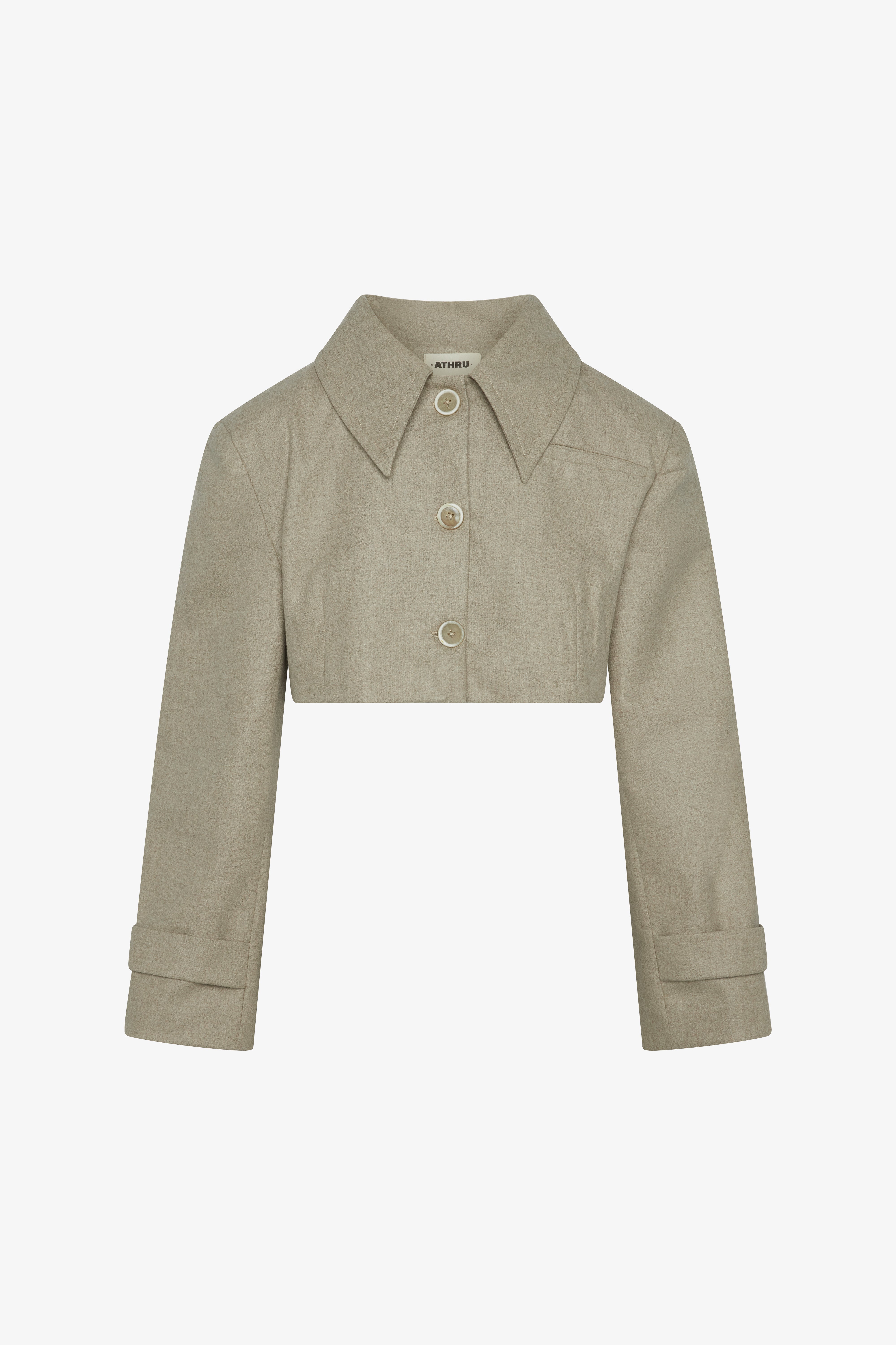 The triangle taupe jacket in a white background. 100% made from mulesing-free merino wool.