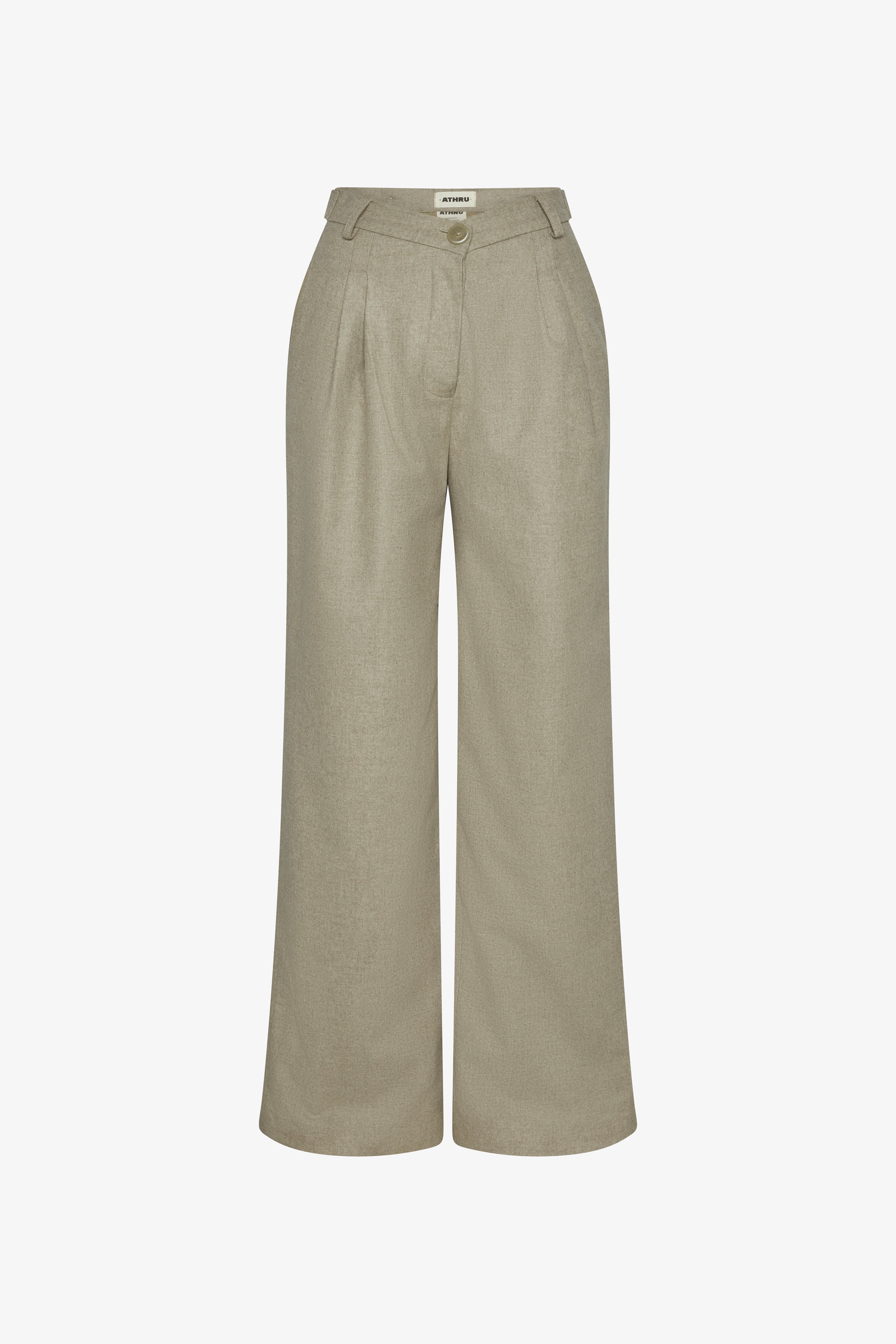 The triangle taupe trouser in a white background. 100% made from mulesing-free merino wool.