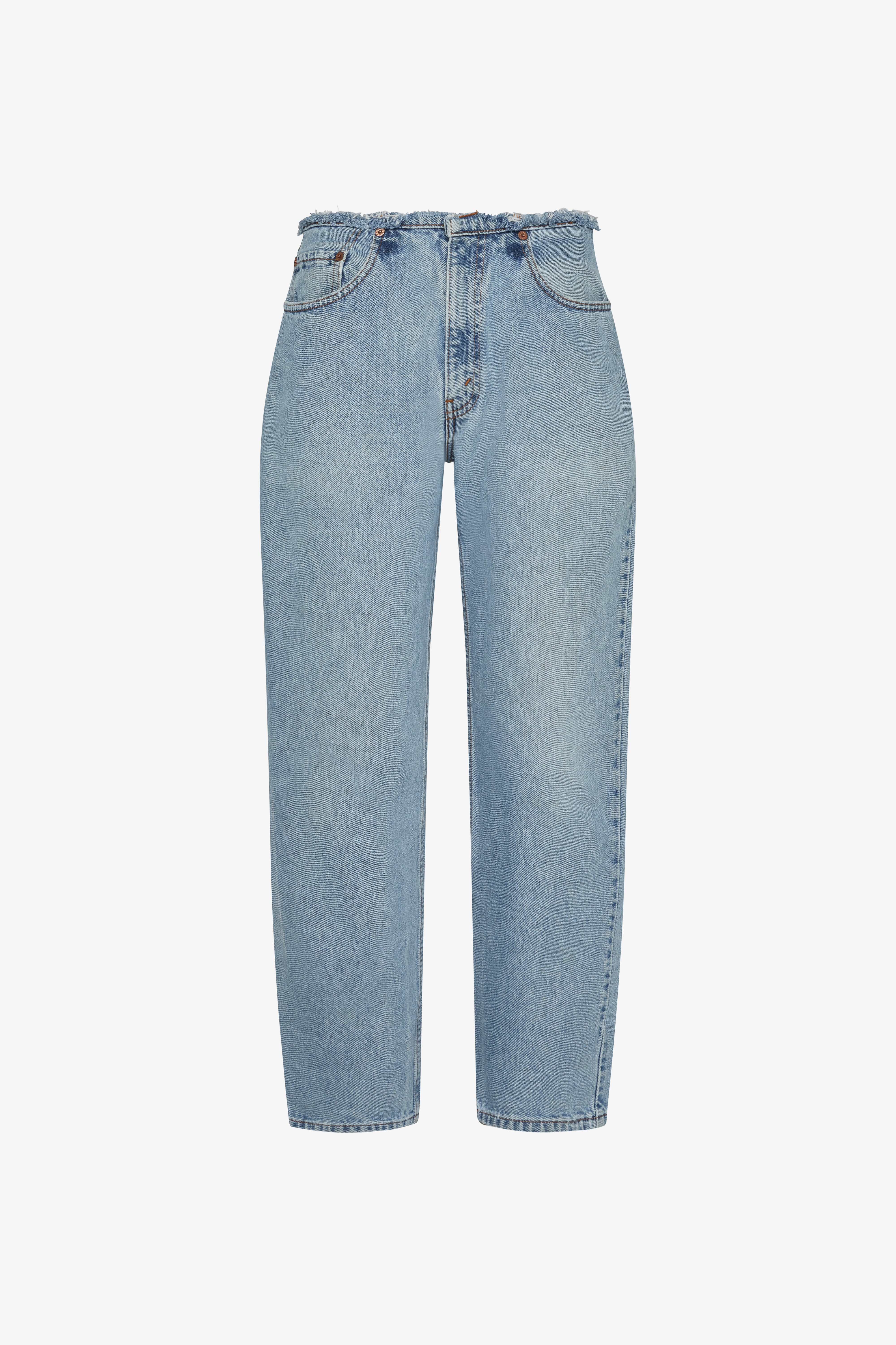 A undone mini rise customs in a white background. 100% made from repurposed Levi’s.