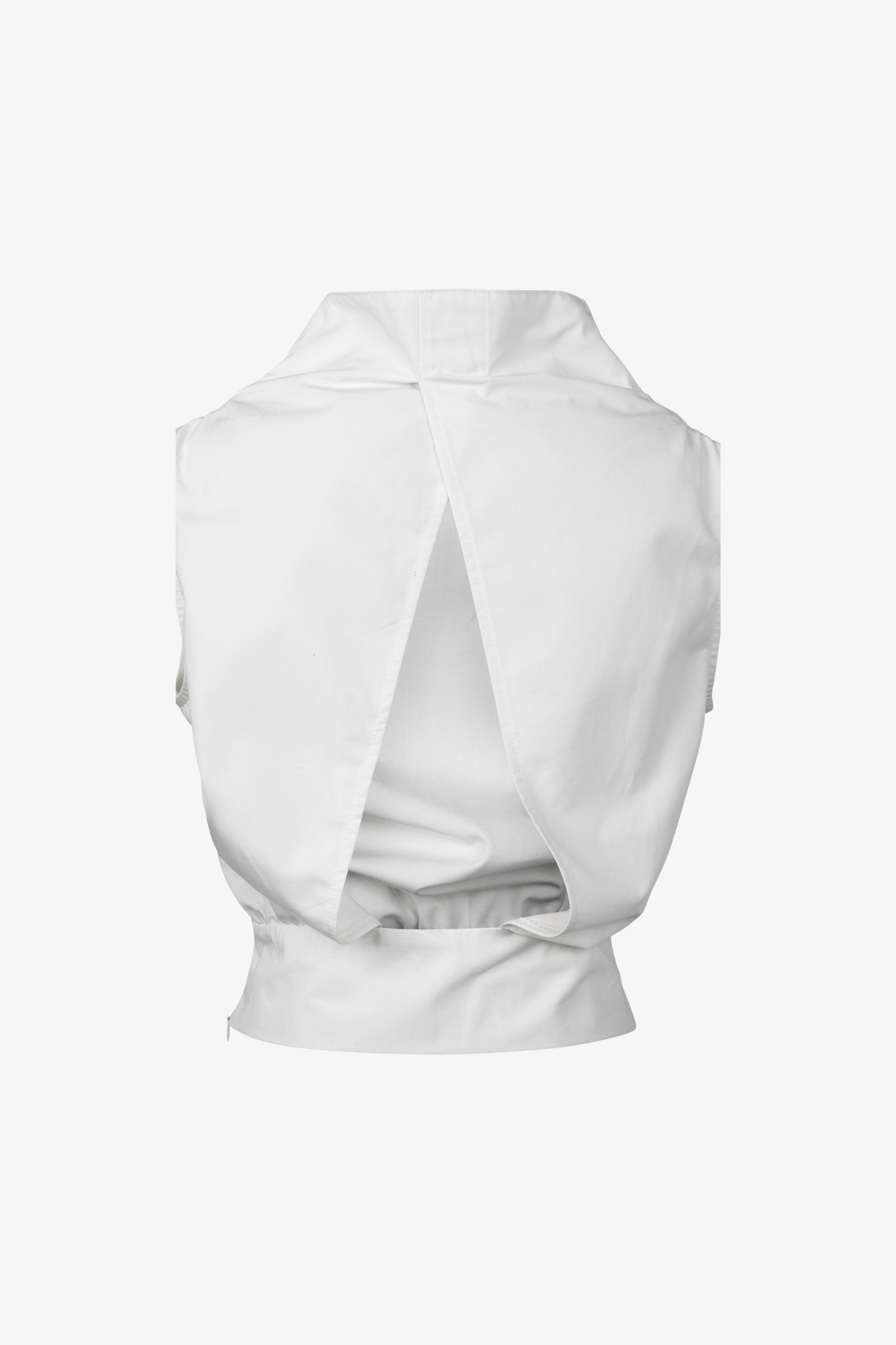 White sustainable sleeveless top with an open back detail. Back side.