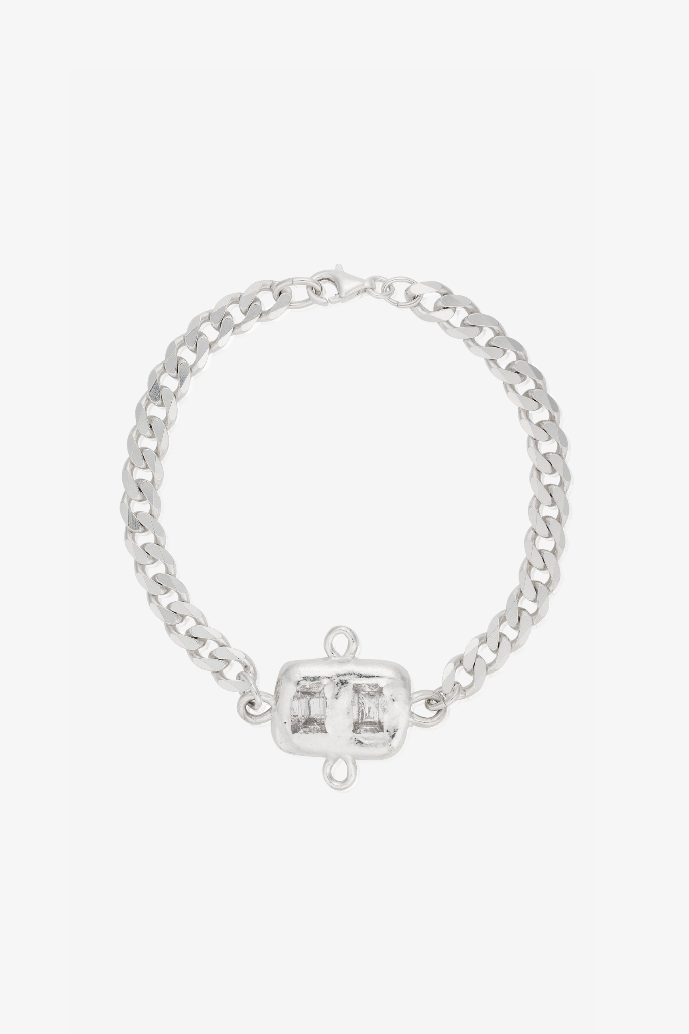 The airhead bracelet in a white background. Made from 100% recycled metals and lab created gemstones.