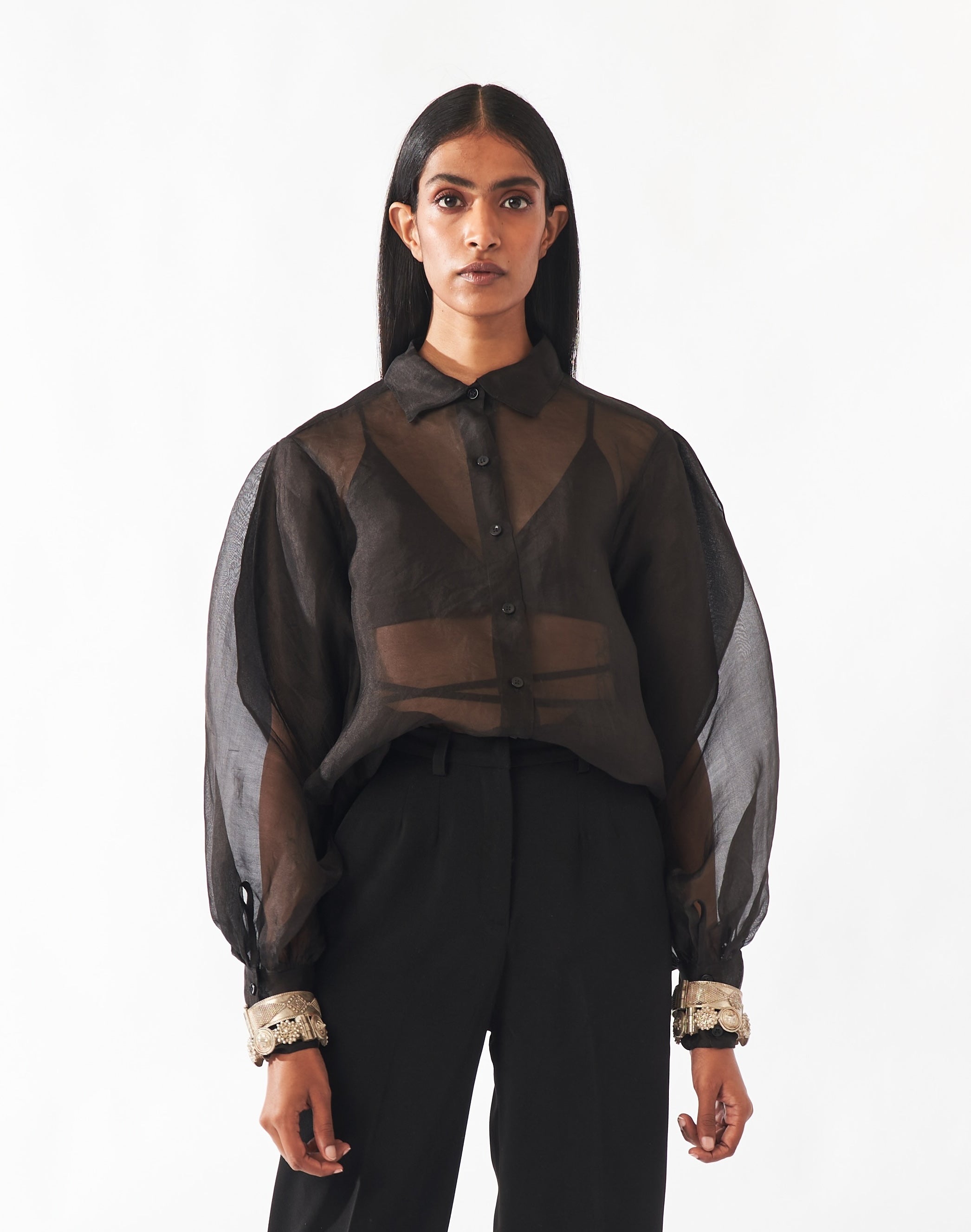 Silk Organza Moon-Sleeve Shirt