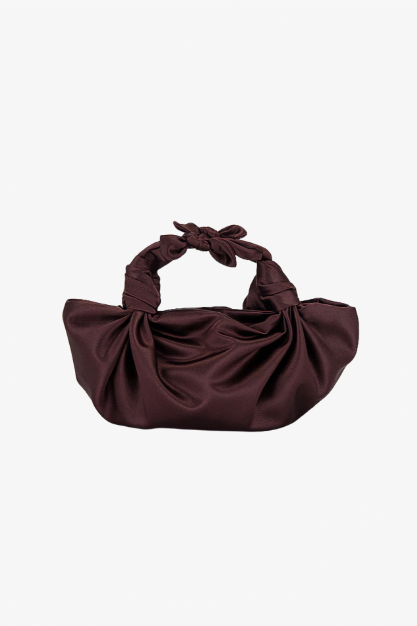 The chocolate silk knot bag in a white background. Deadstock silky satin fabric sourced in Los Angeles.