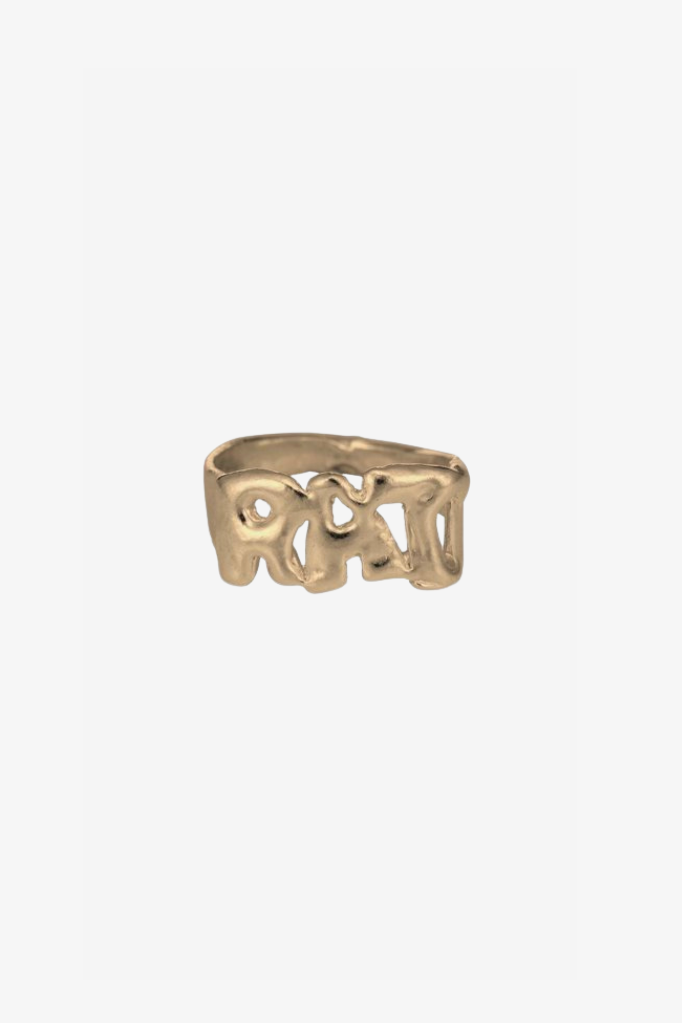 The custom letter ring in a white background. Made from 100% recycled metals and lab created gemstones.