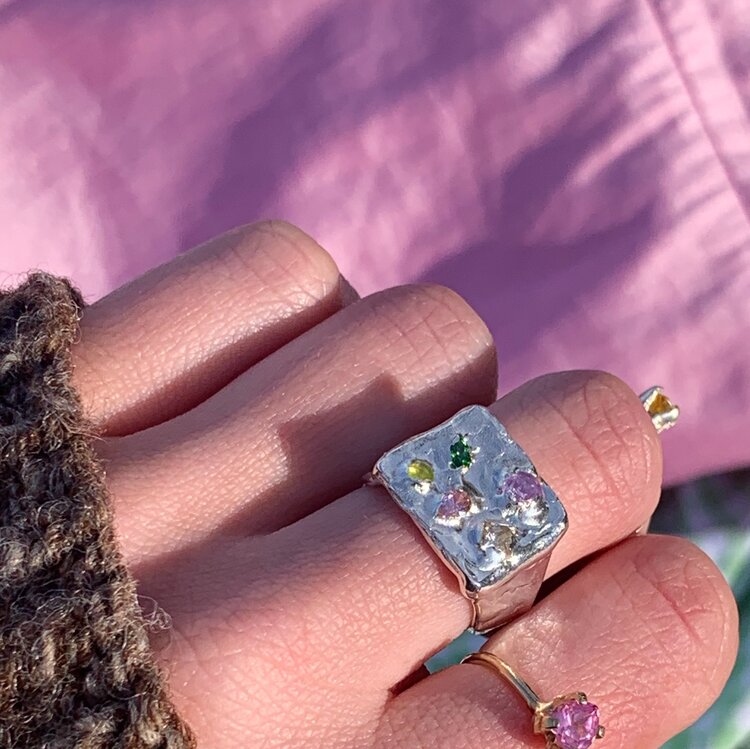 The custom solitude ring. Made from 100% recycled metals and lab created gemstones. CLOSE UP