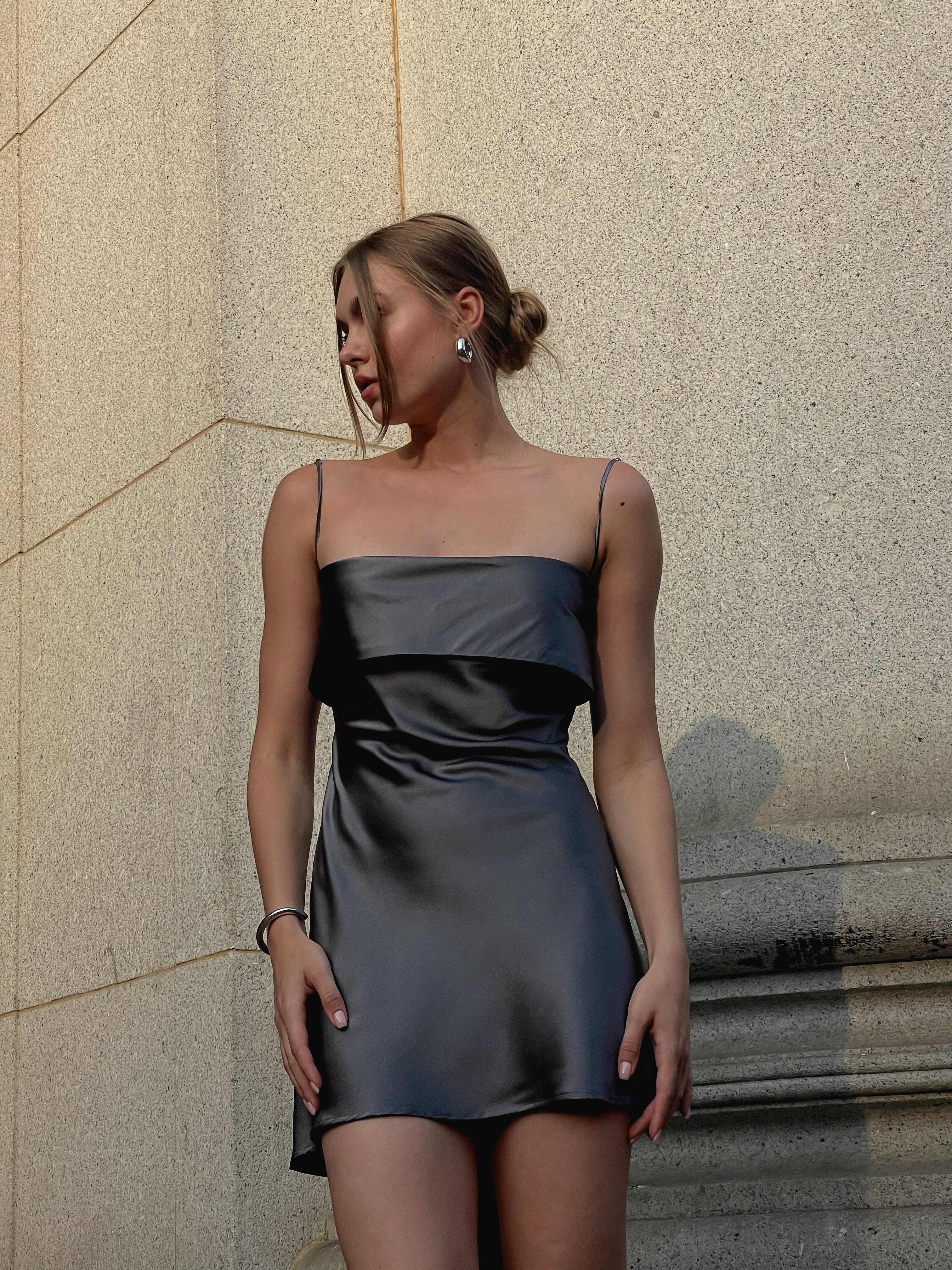 Carine grey 100% silk sustainable mini dress