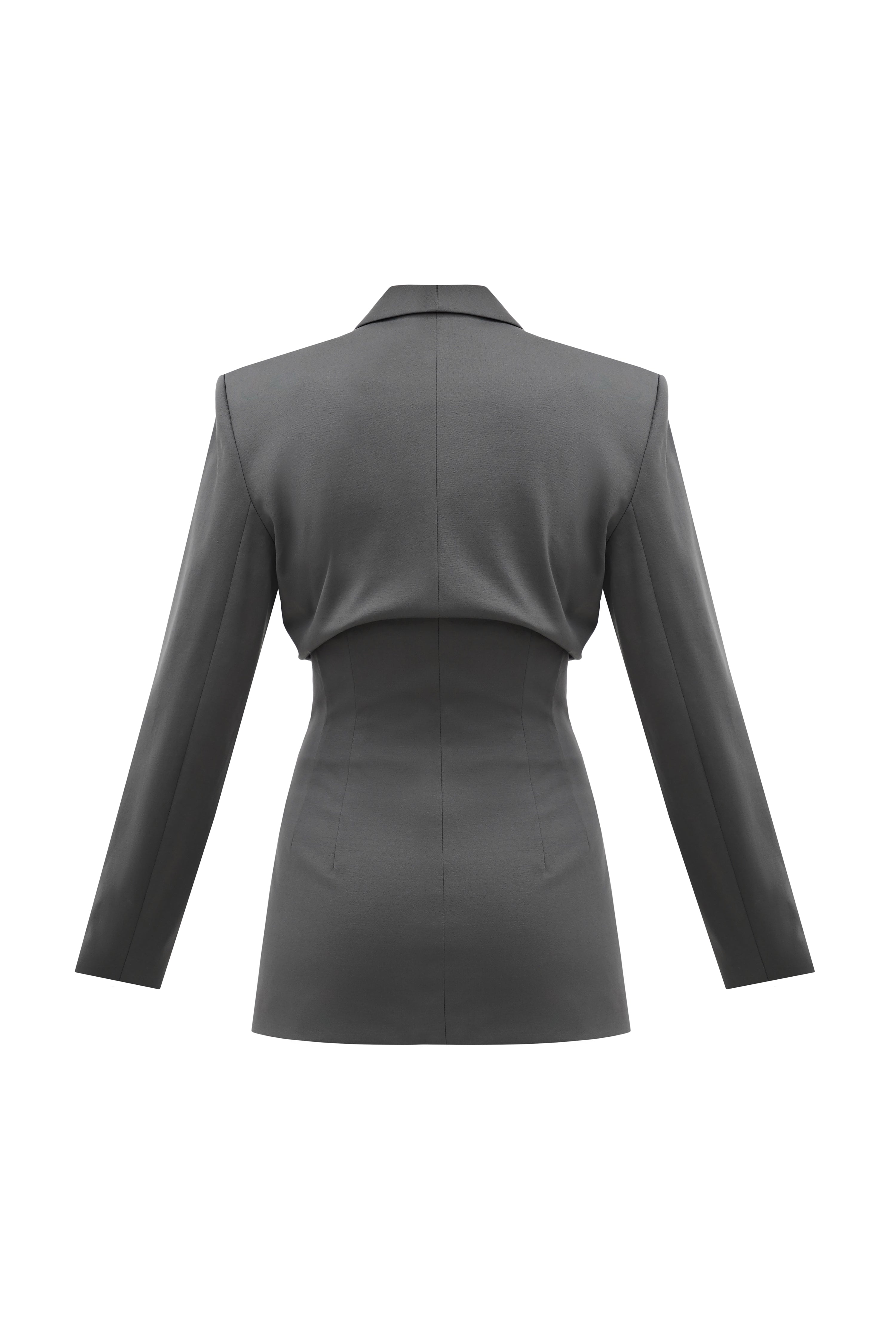 A back of a sustainable organic cotton fitted blazer created from organic cotton