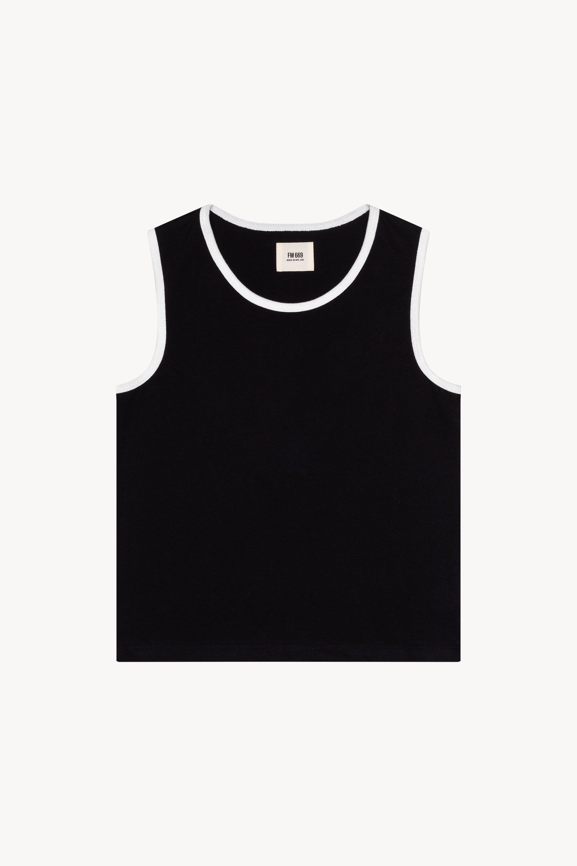 The black/white 03 tank in a white background. 100% made from organic grown cotton.