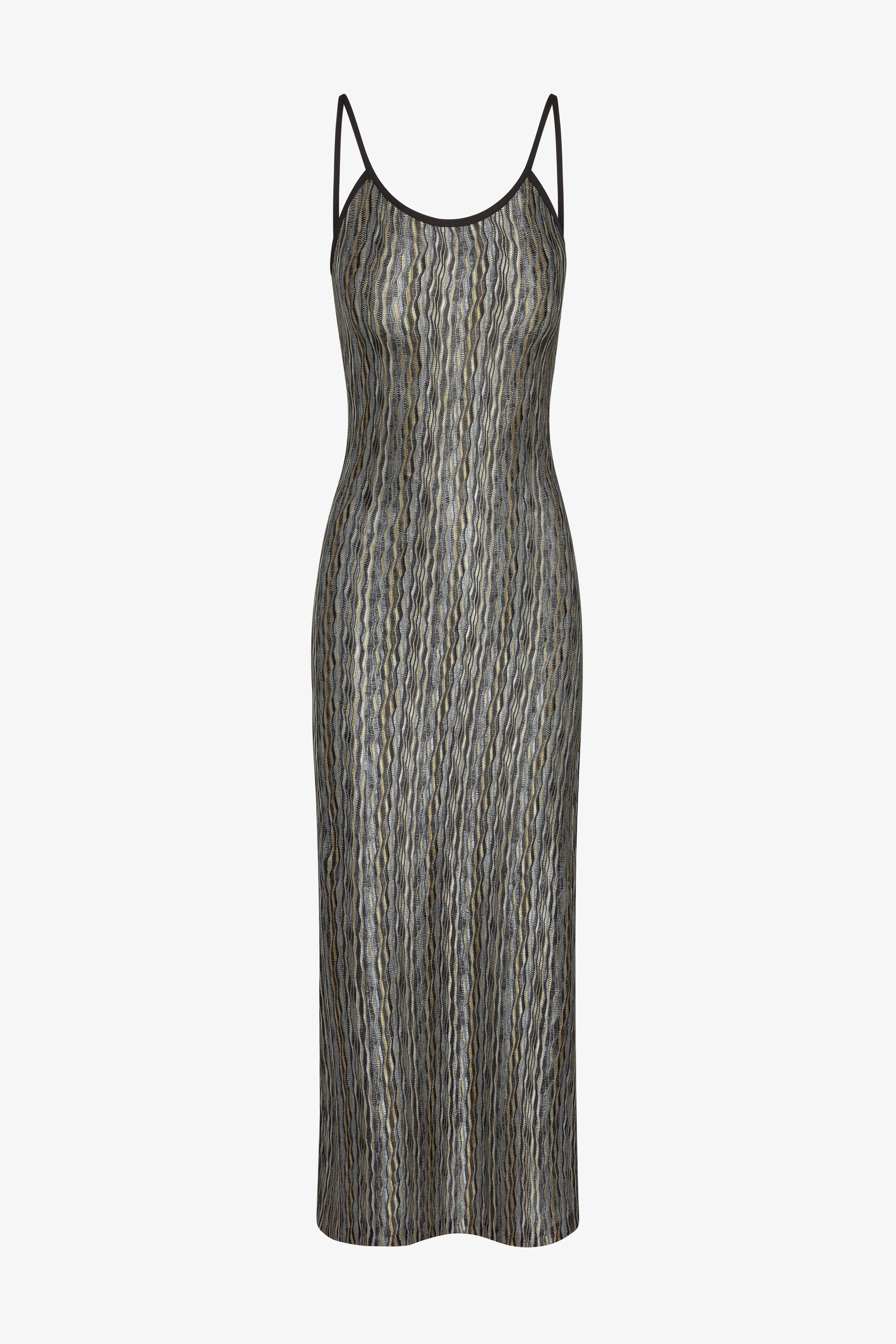 The black naomi dress in a white background. 100% deadstock missoni-like, polyester knit blend.