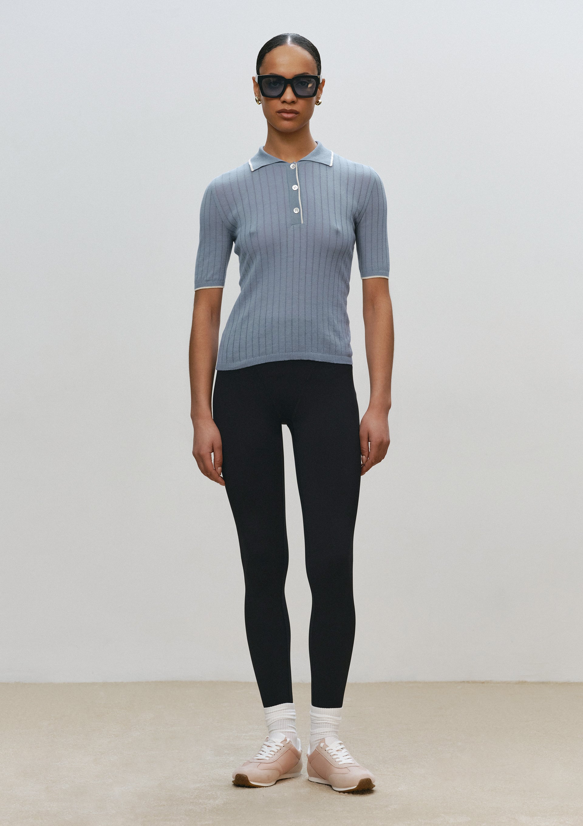 Ribbed Polo Shirt in Blue-Beige