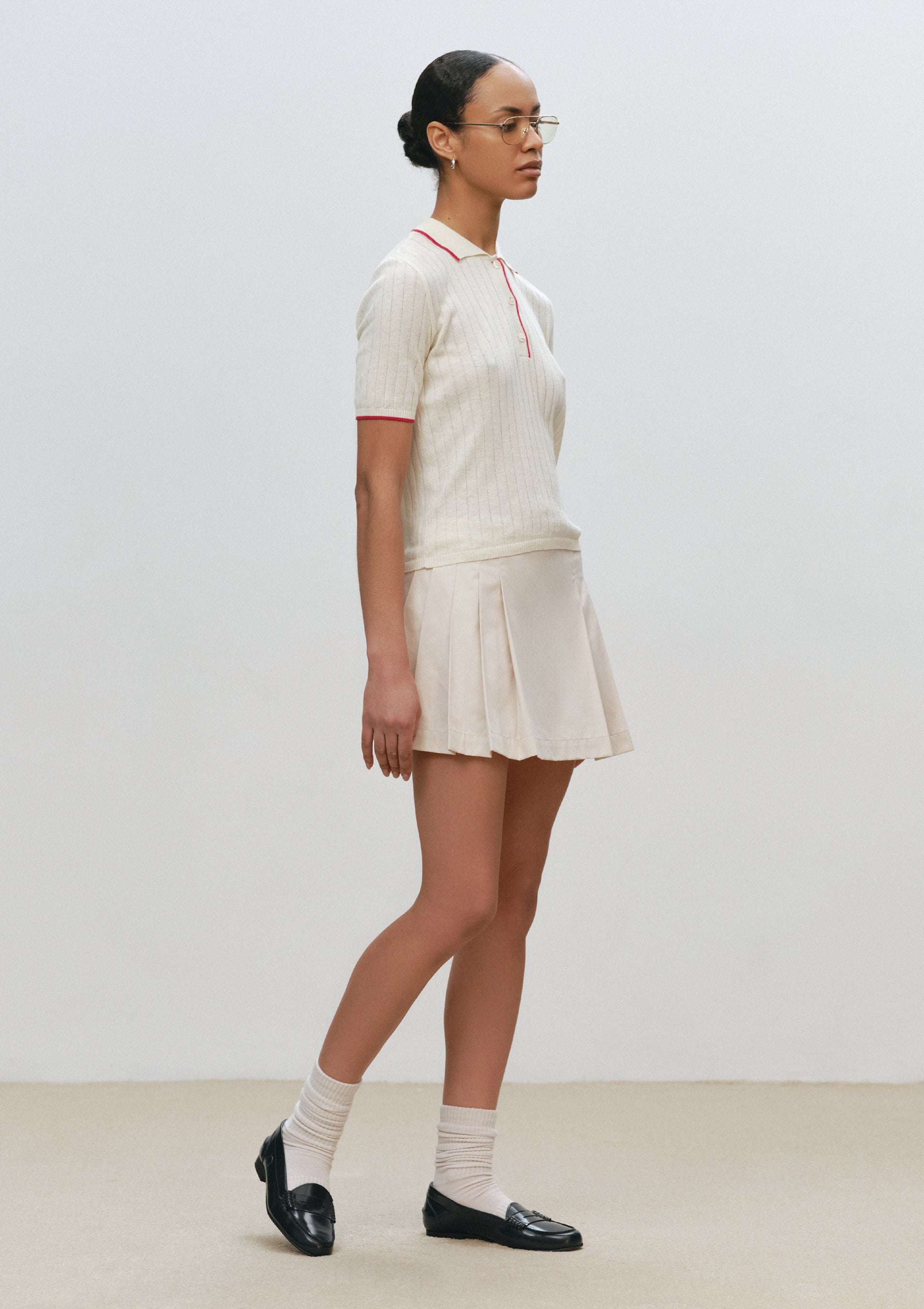 Ribbed Polo Shirt in Beige-Red