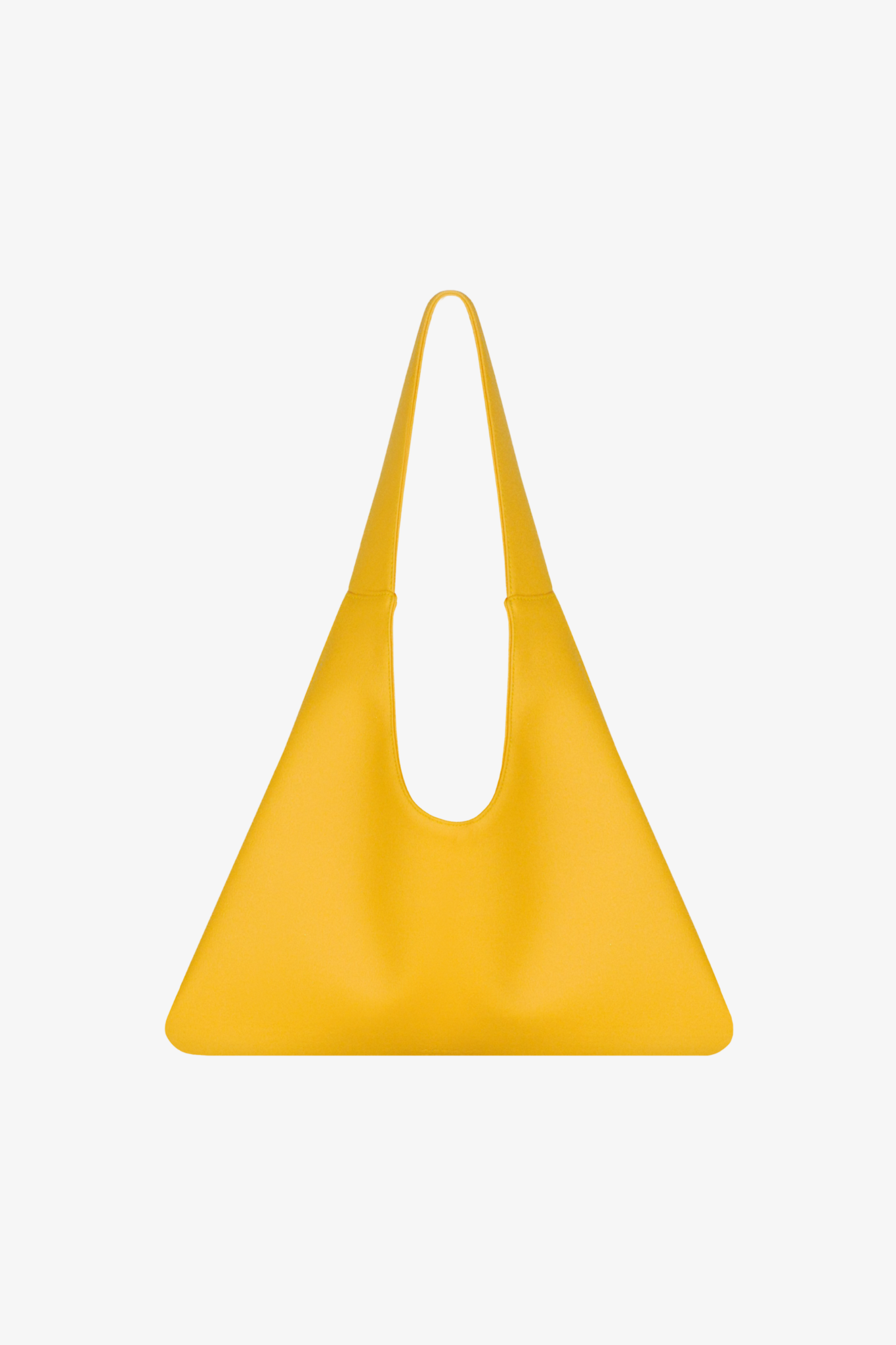 Yellow sustainable shoulder bag made from cactus leather on a light gray background. Front view.