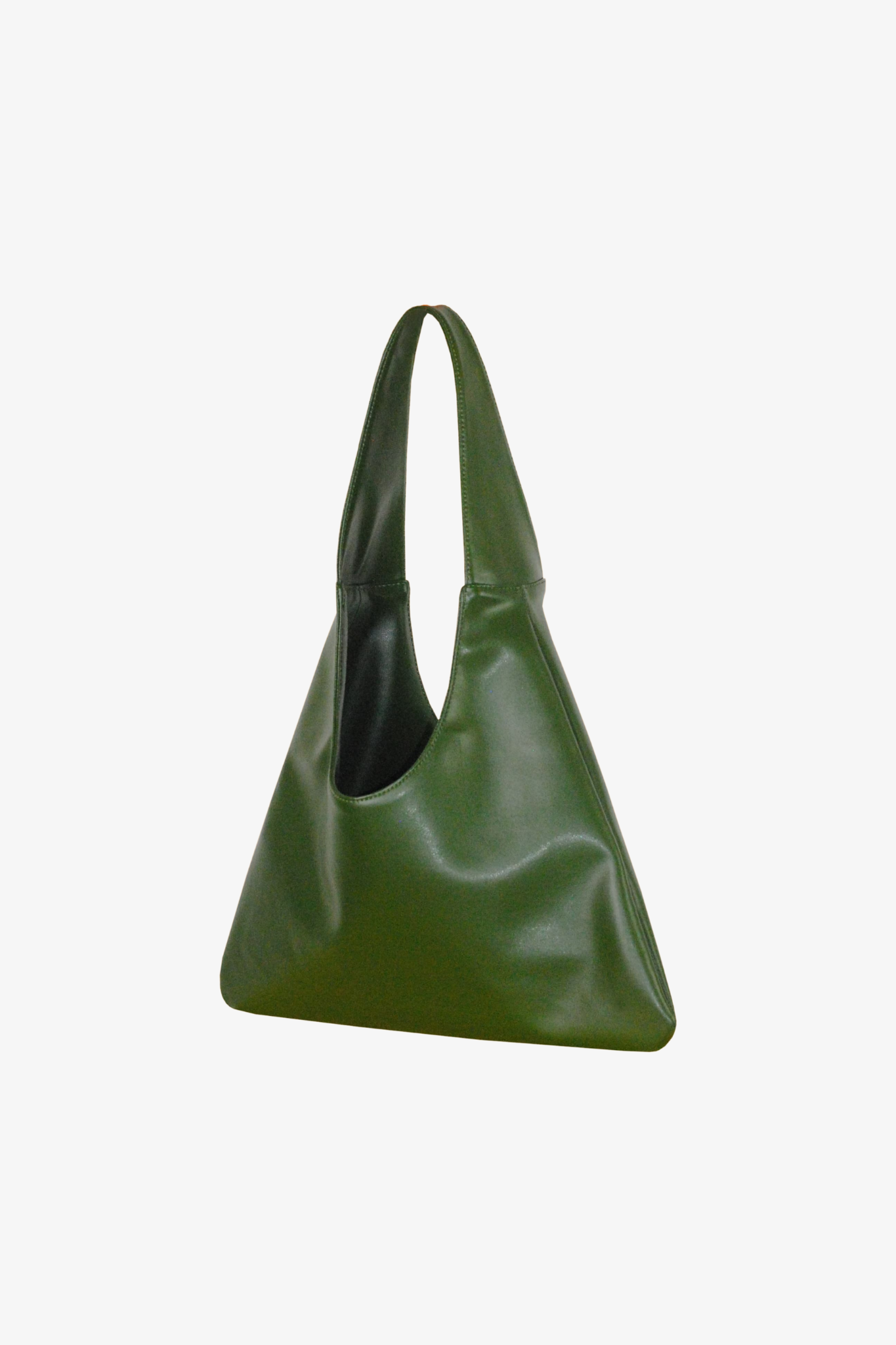 Green sustainable handbag made from cactus leather on a white background. Side View. 