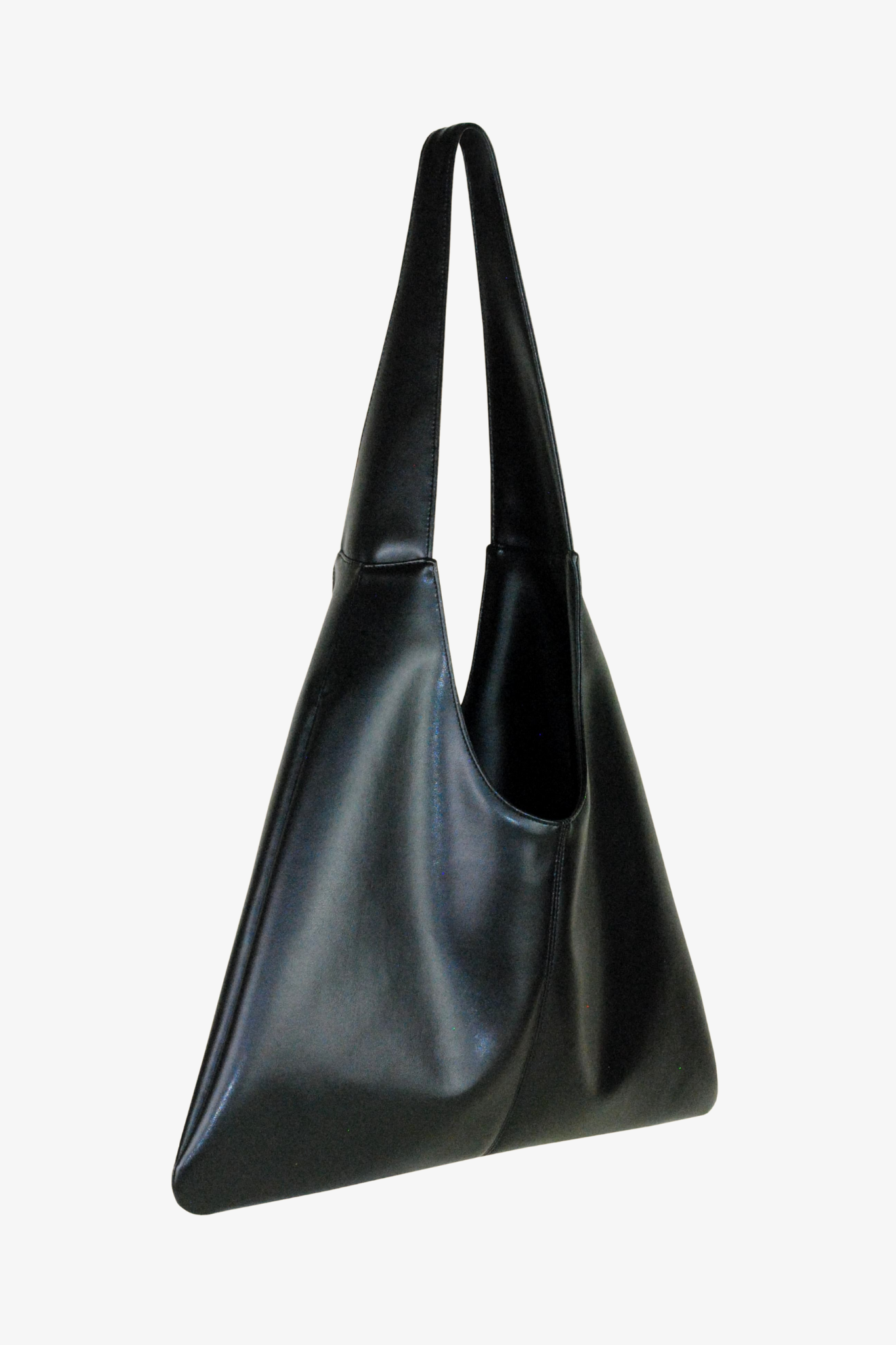 Black sustainable handbag made from cactus leather on a white background. Side view. 
