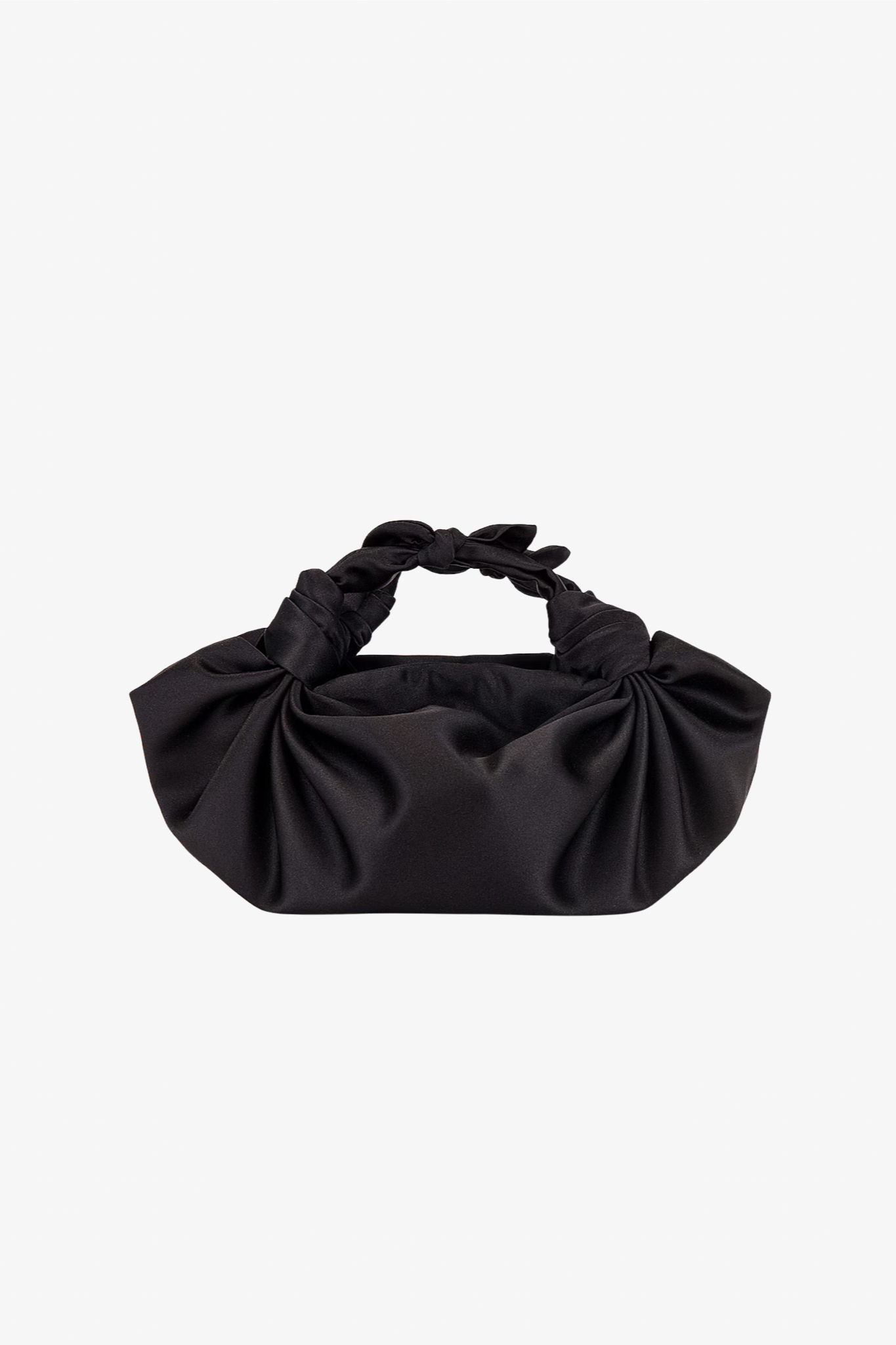 the black silk knot bag in a white background. Deadstock silky satin fabric sourced in Los Angeles.