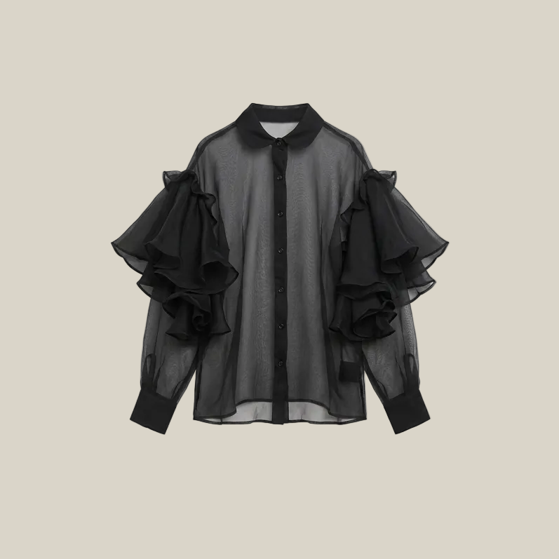 Black Silk Organza Ruffle Shirt