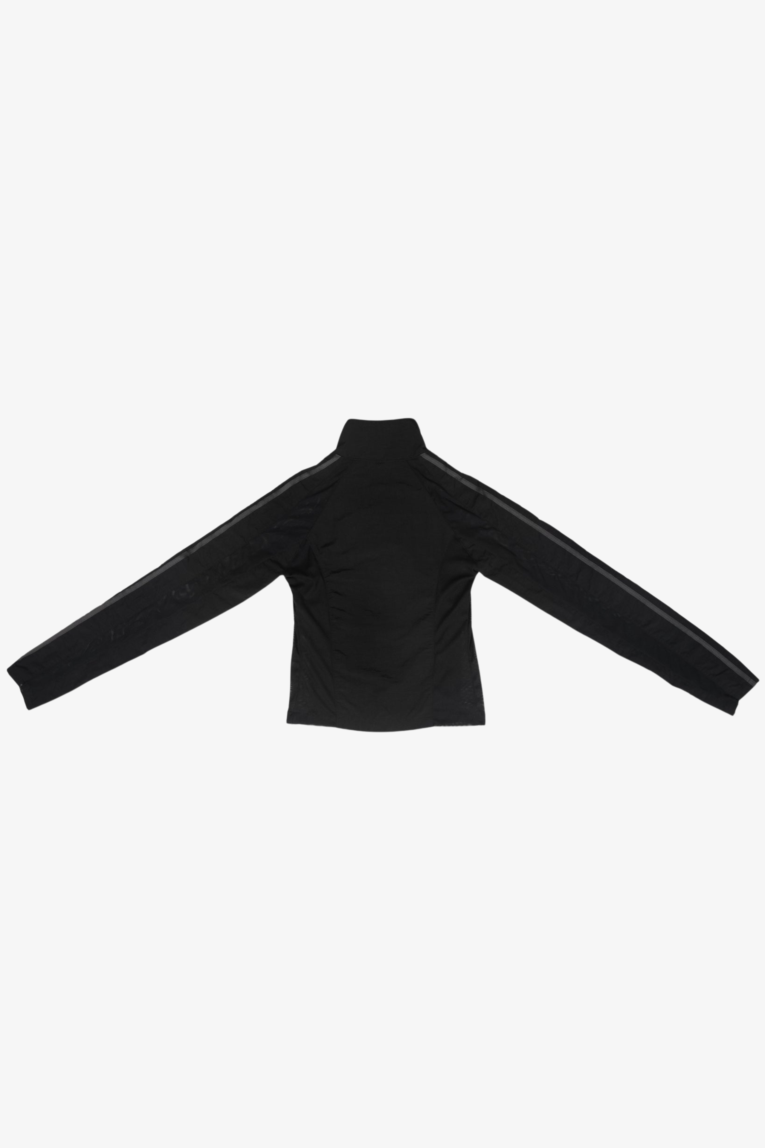 Black high-neck sustainable jacket, back side.