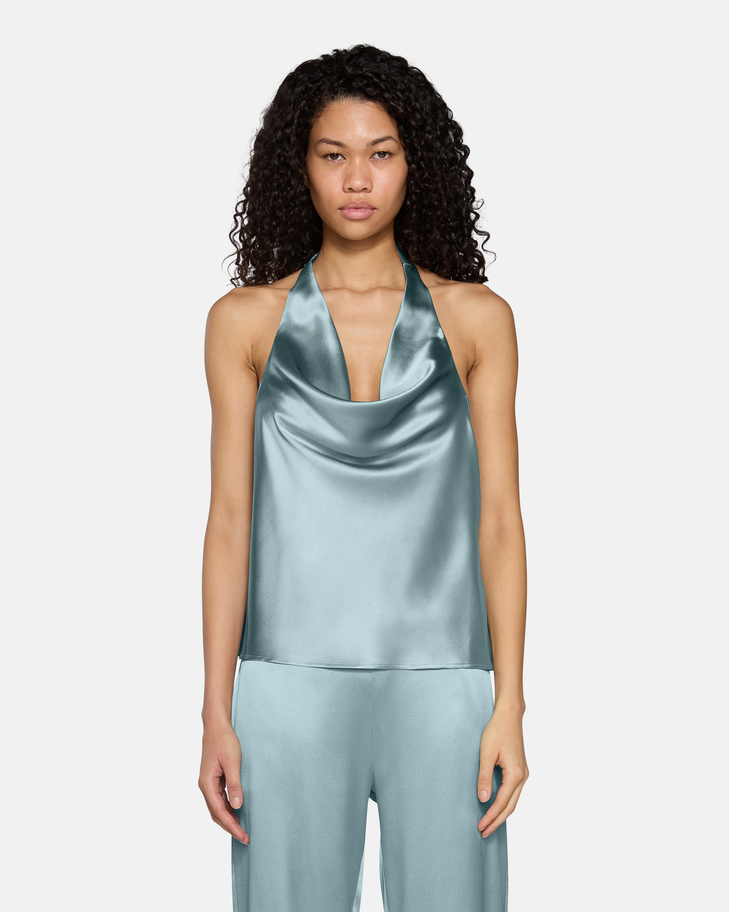 Cassia Halter Tank Dusty Blue Silk