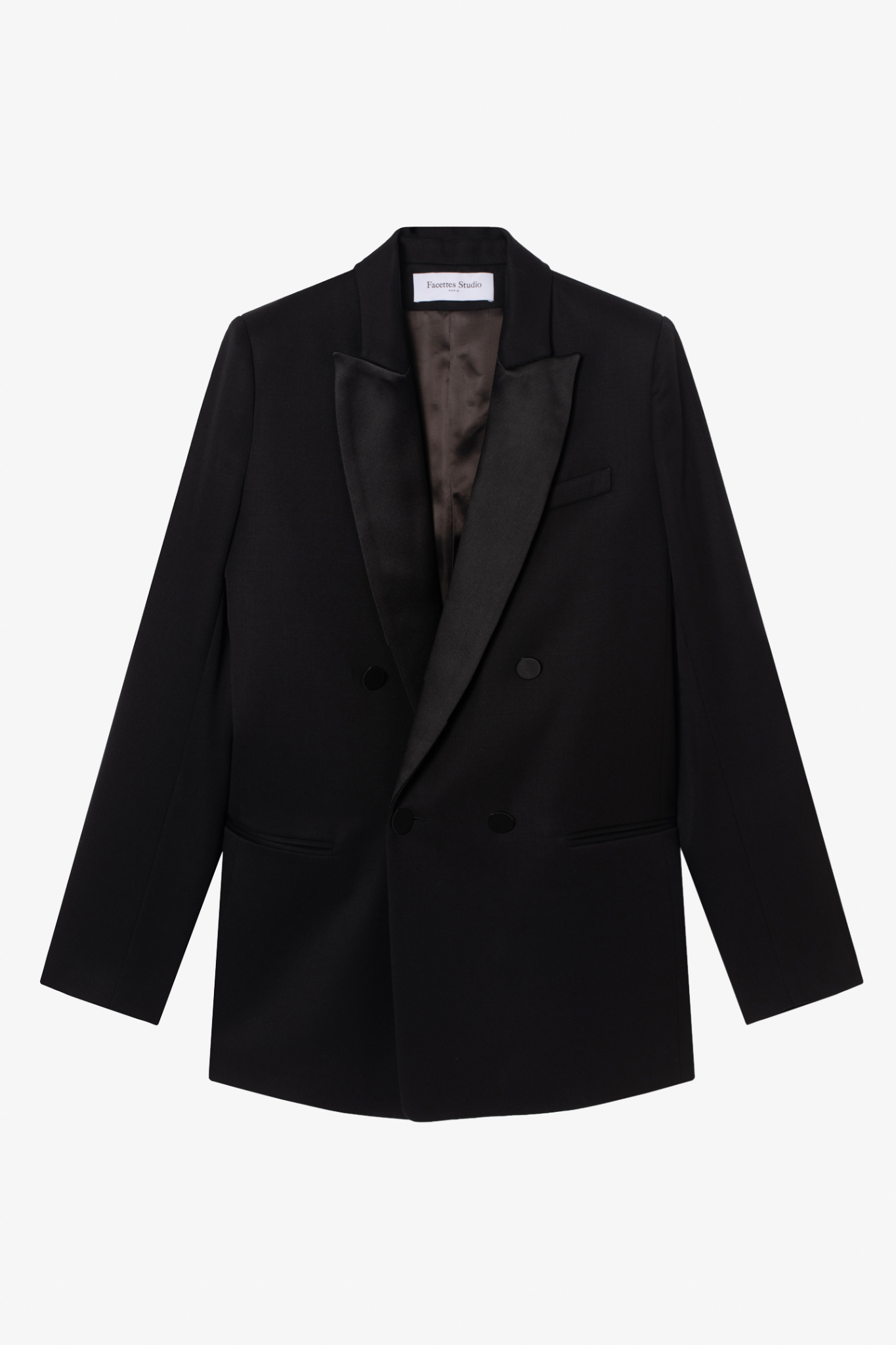 The christy wool jacket with black satin collar in a white background. 100% made from upcycled wool and satin. 