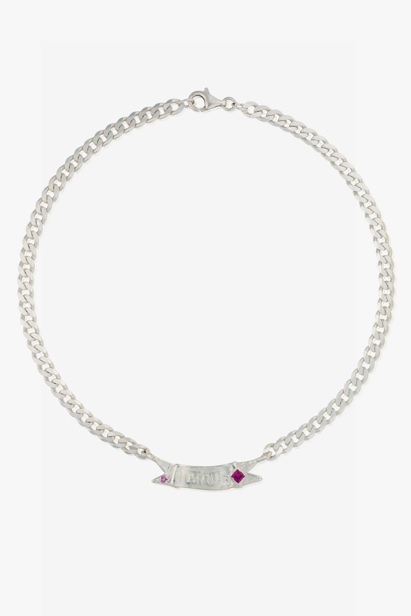 The custom ribbon name necklace in a white background. Made from 100% recycled metals and lab created gemstones