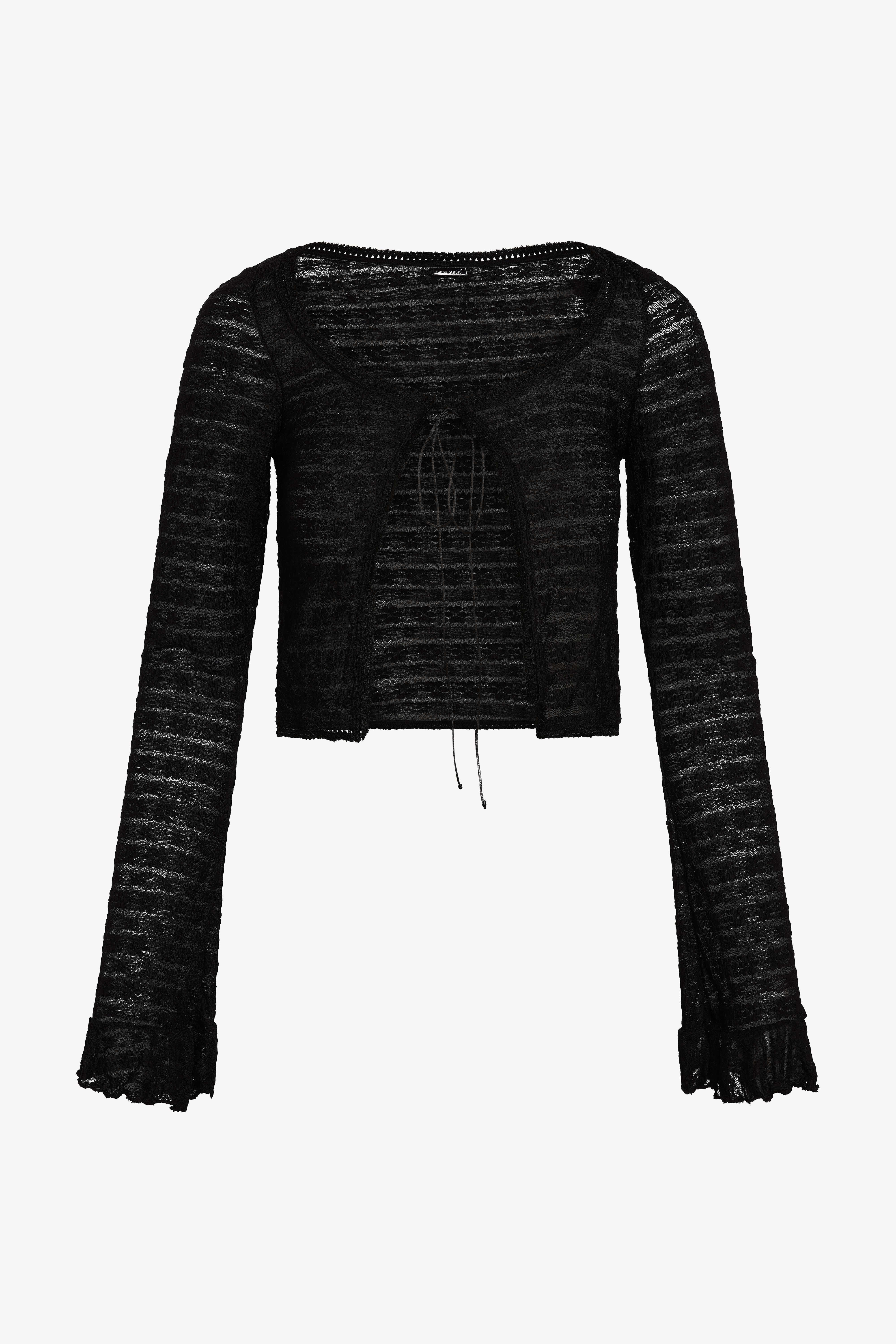 The black dreamlace top in a white background. 100% deadstock lace material. 