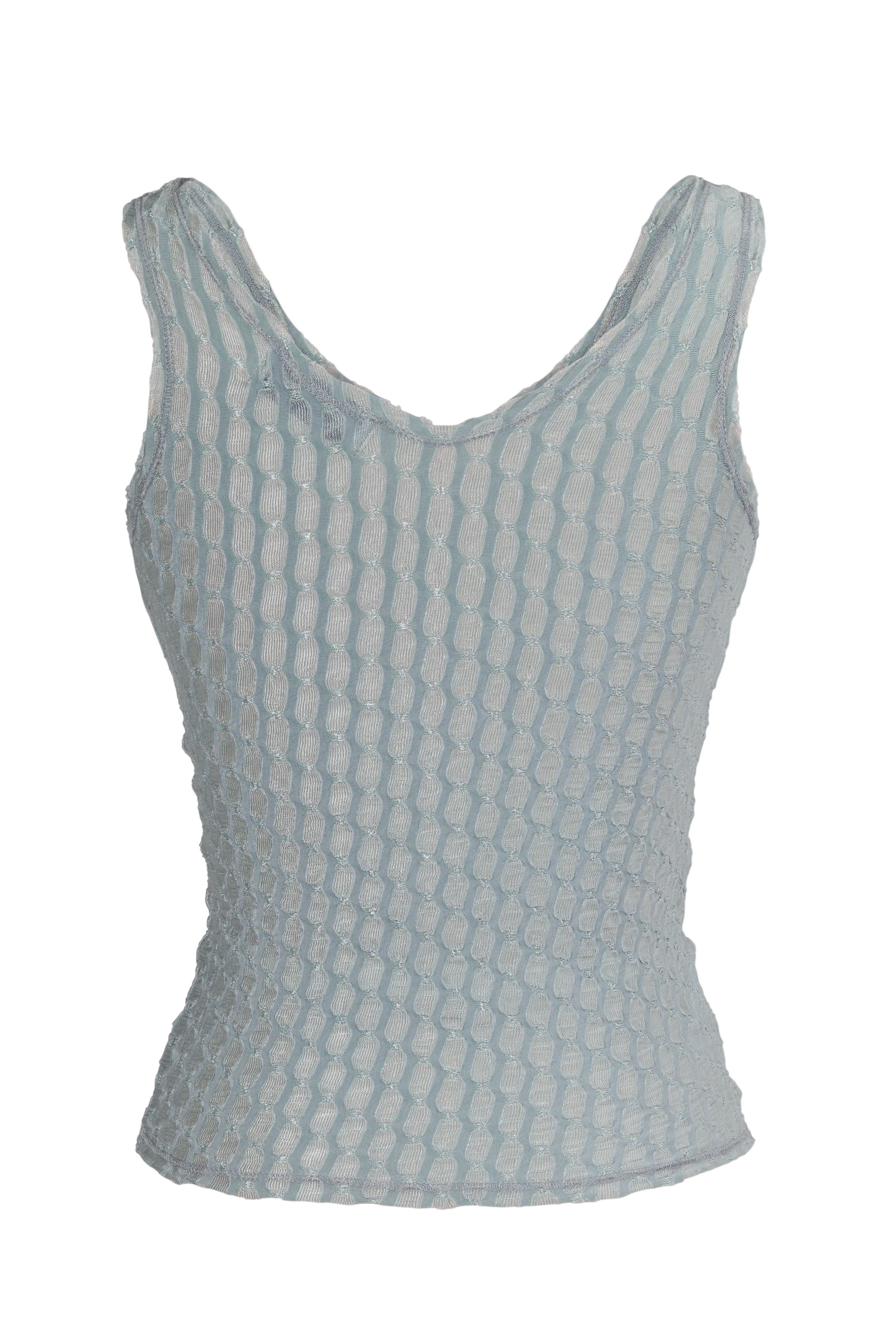 The dew tank in a white background. Used dead stock fabric. Poly-spandex blend.