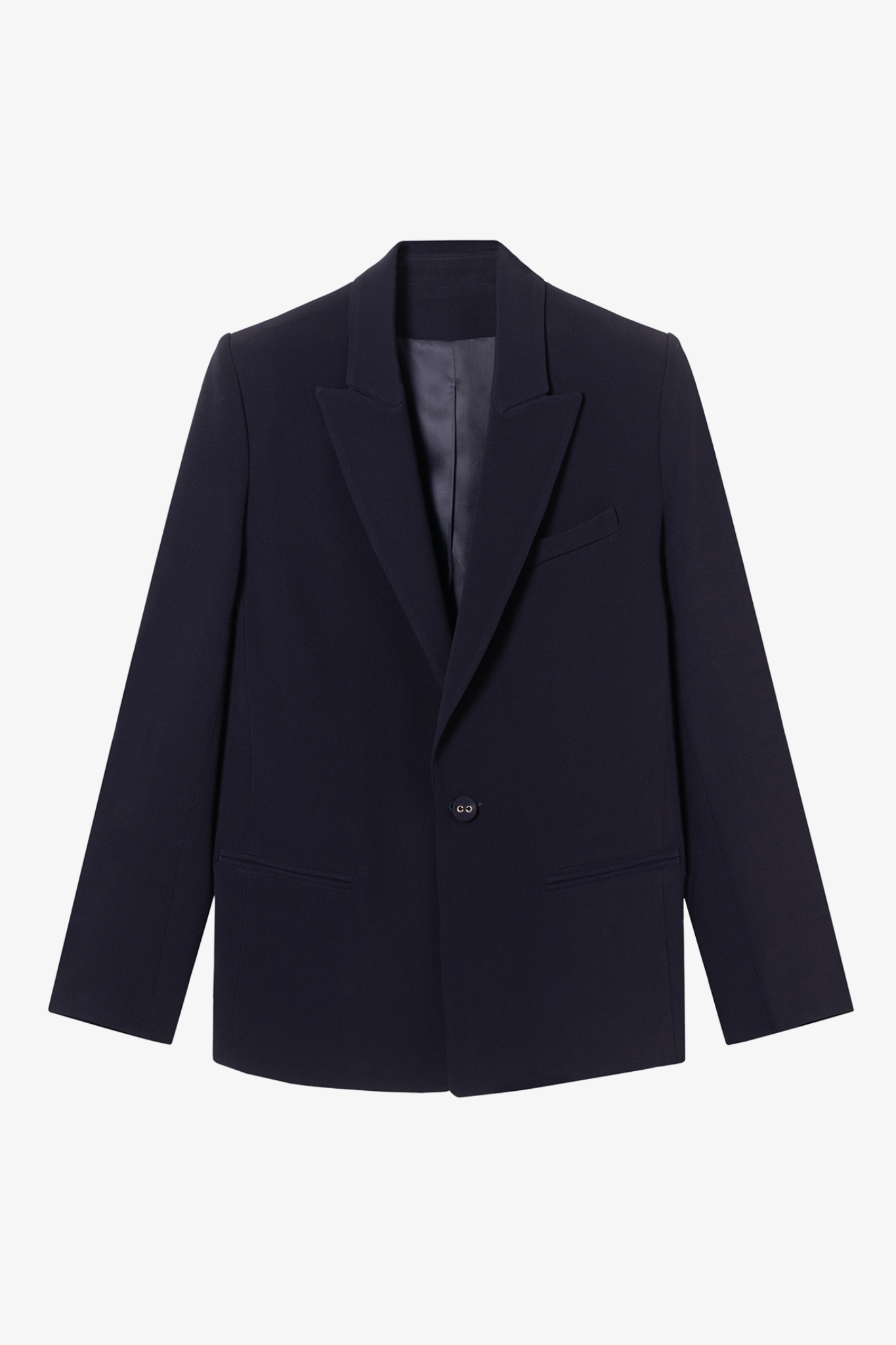 The diana midnight blue blazer in a white background. 100% made from sustainable wool. 