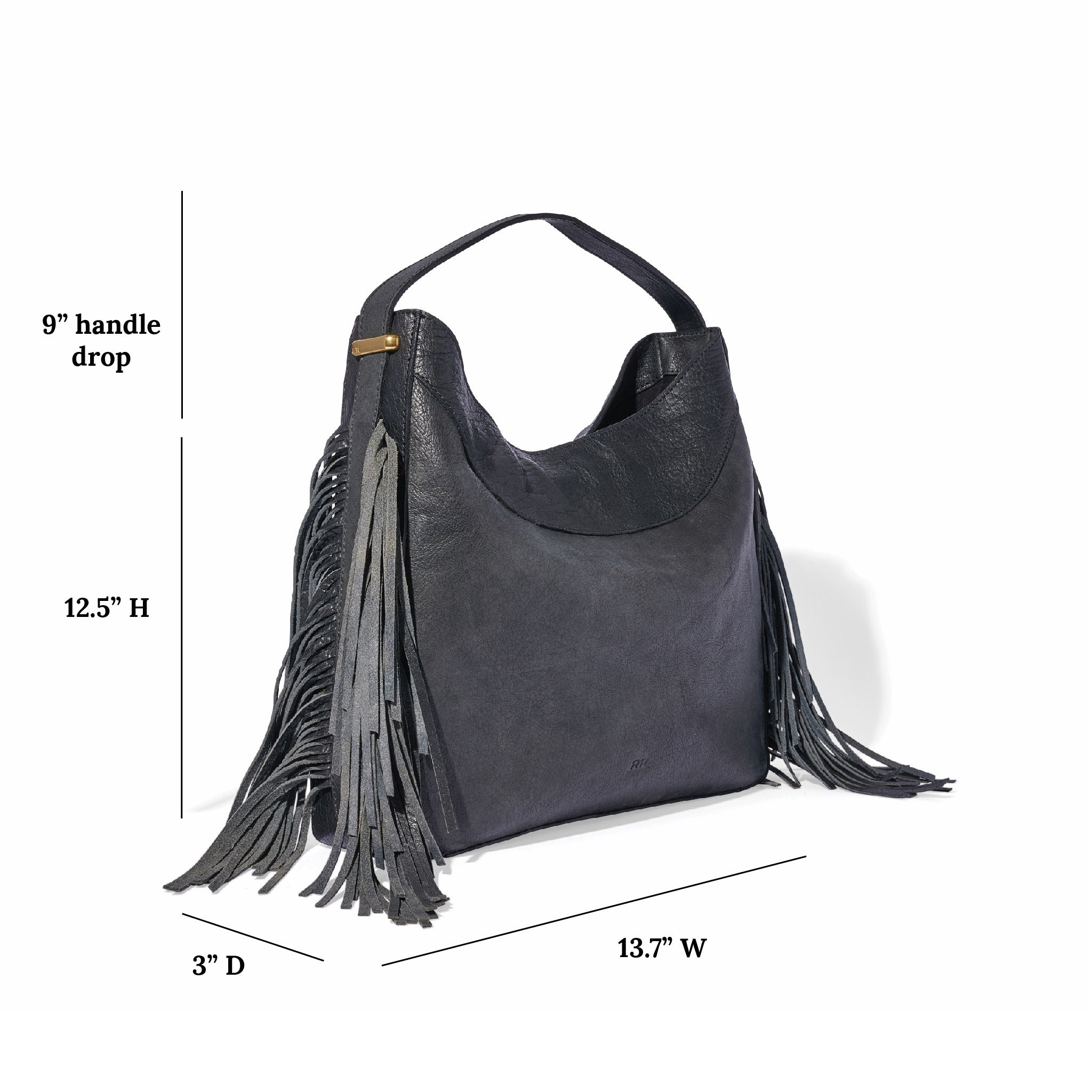 The fringe hobo in a white background. Leathers are sourced from regenerative ranches. MEASUREMENTS