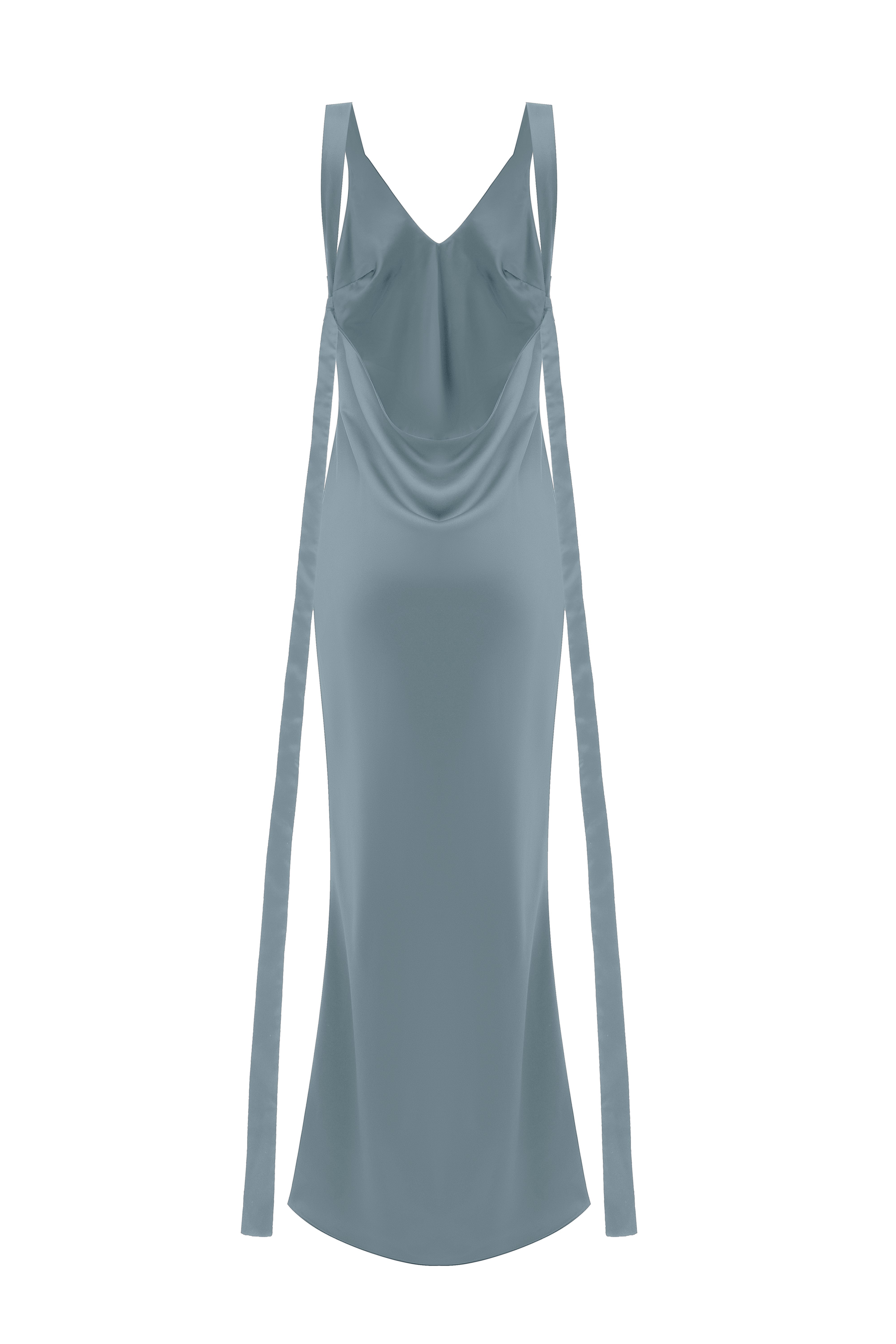 The blue ice gaia gown in a white background. Crafted from 100% silk satin.