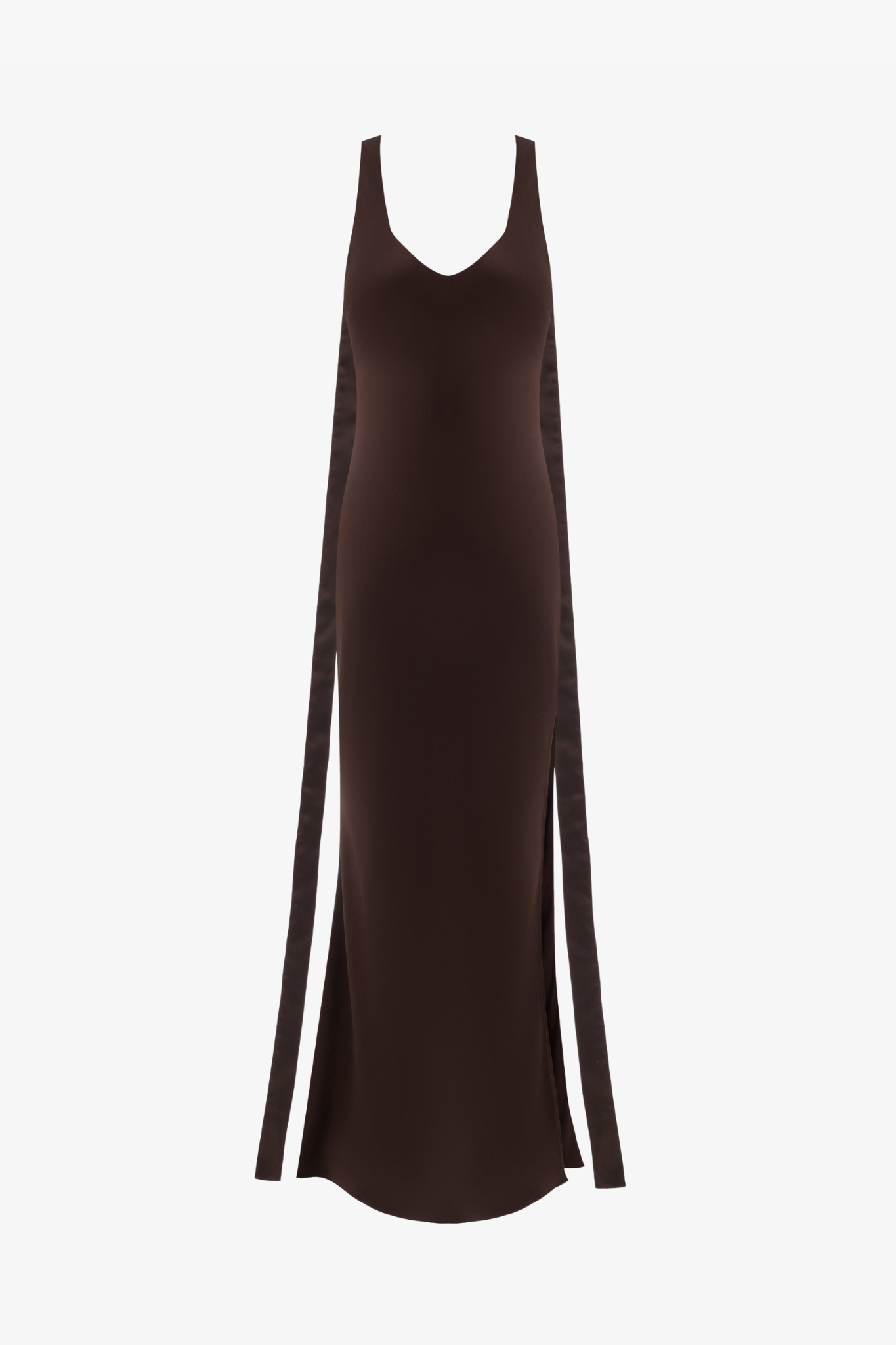 The gaia gown in choco in a white background. Crafted from 100% silk satin.
