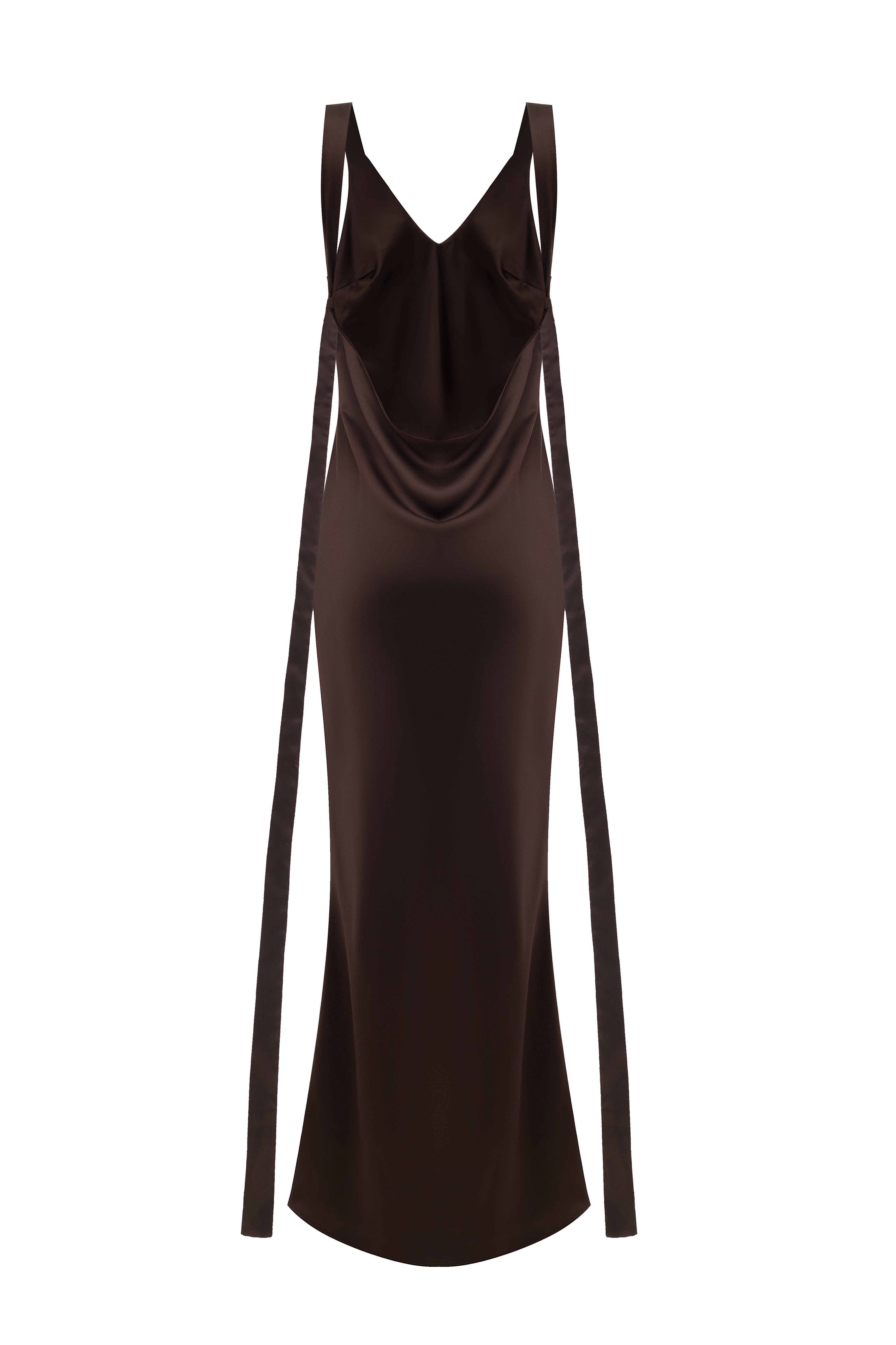 The gaia gown in choco in a white background. Crafted from 100% silk satin. BACK VIEW. 
