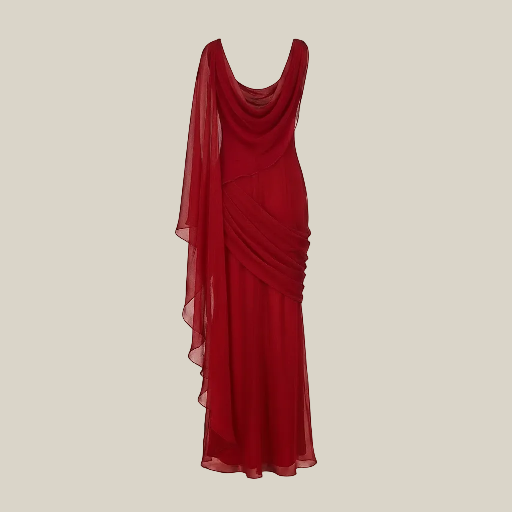 Red Chiffon Draped Dupatta Dress
