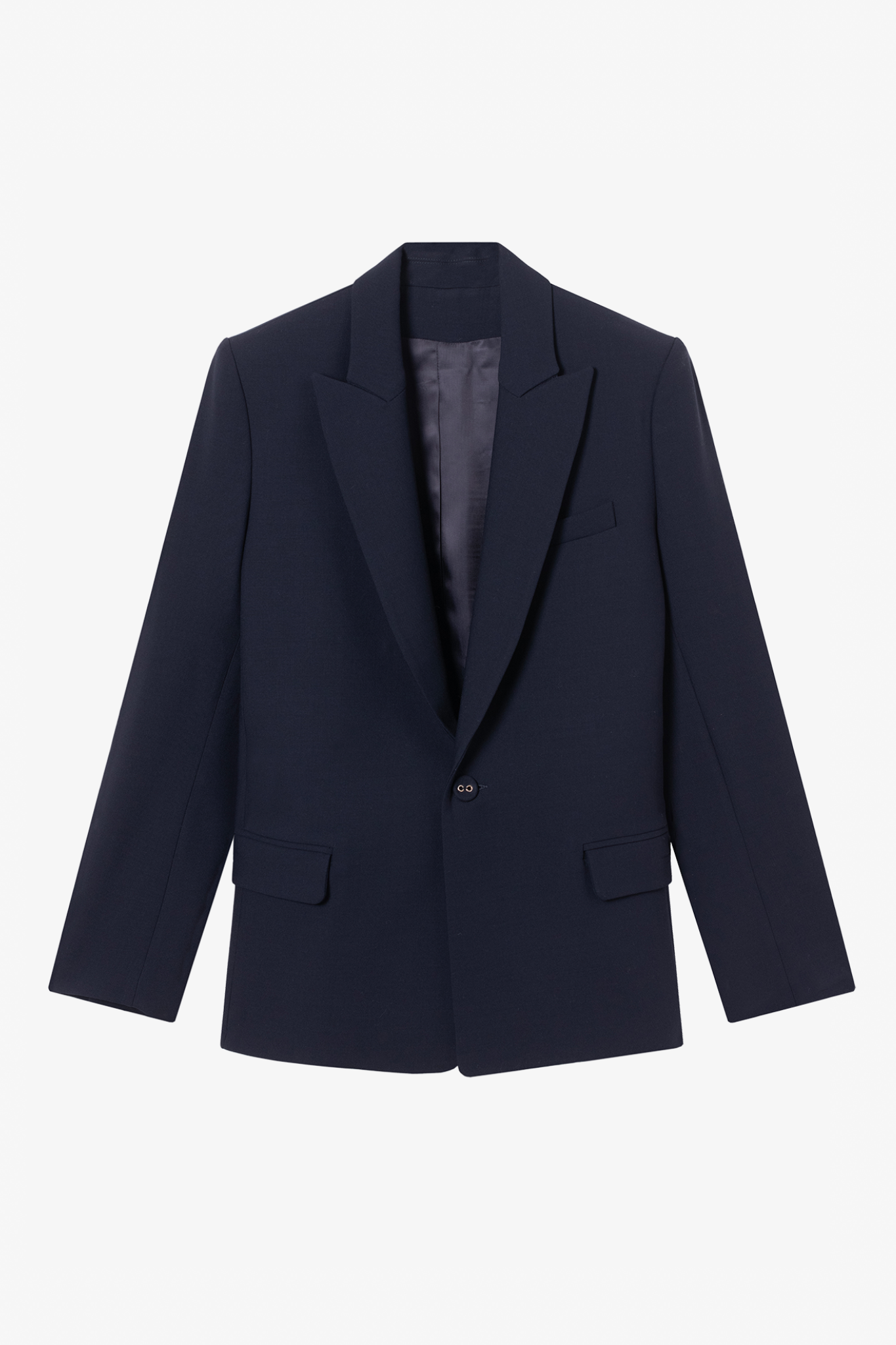 The lauren midnight blue wool blazer in a white background. 100% made from sustainable upcycled wool.
