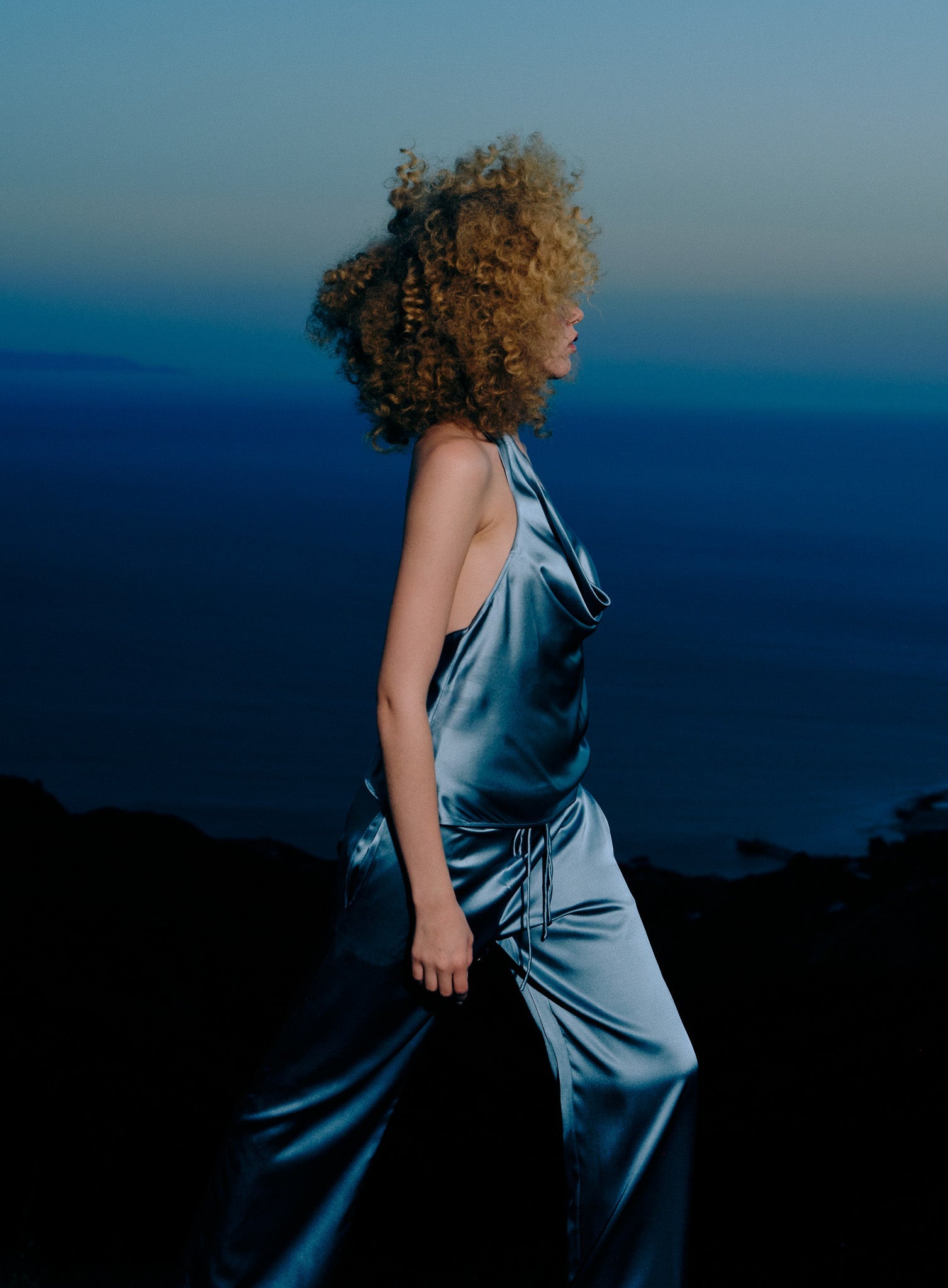 Cassia Halter Tank Dusty Blue Silk