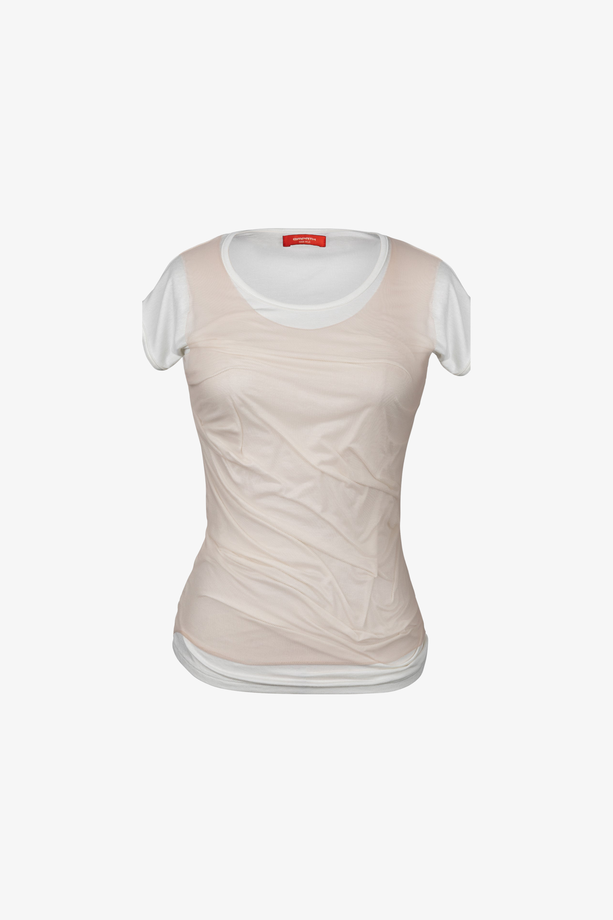 Light pink sustainable t-shirt with white accents. Front side.