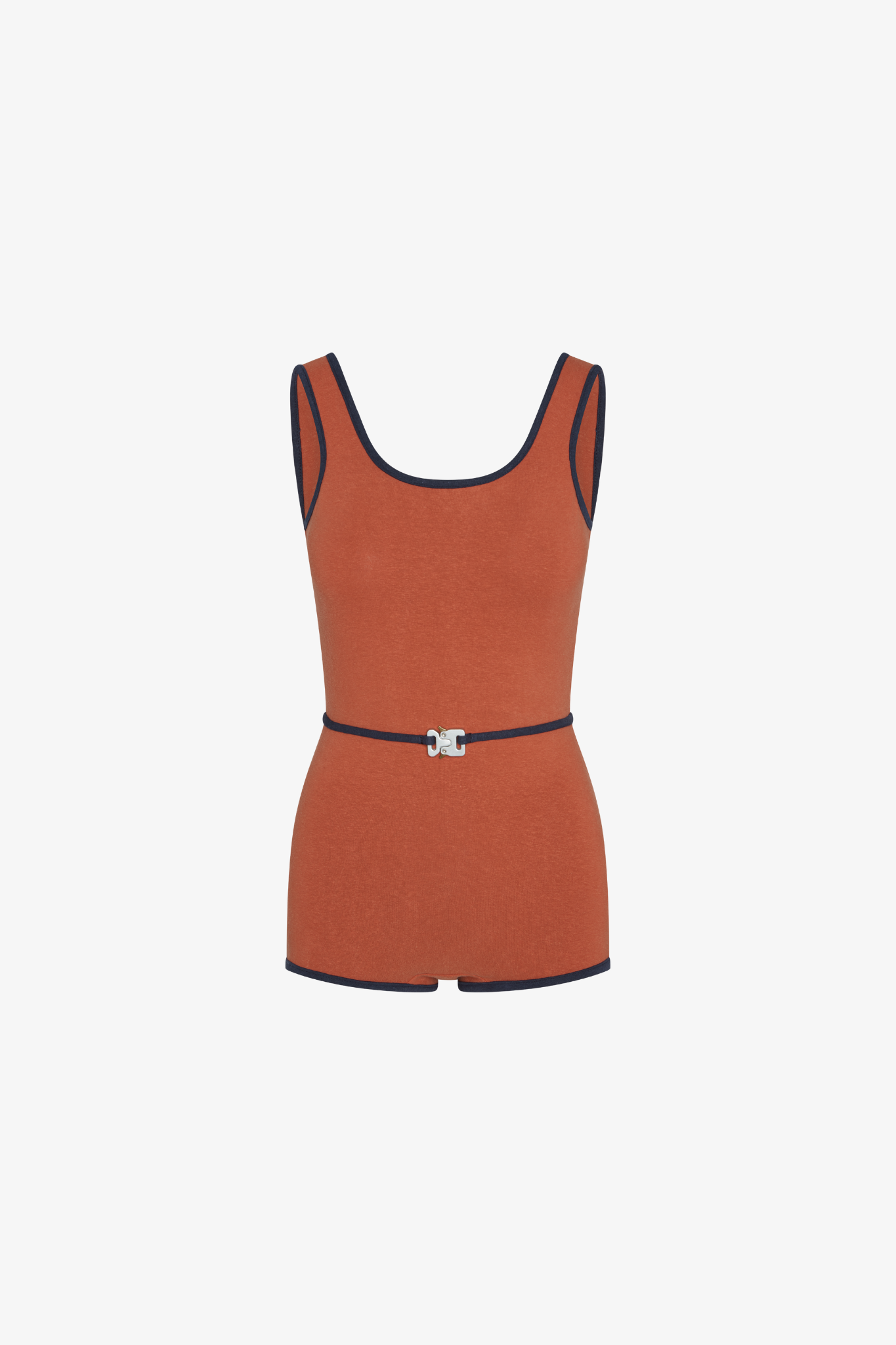 Coral sustainable swimsuit with black trim on a white background