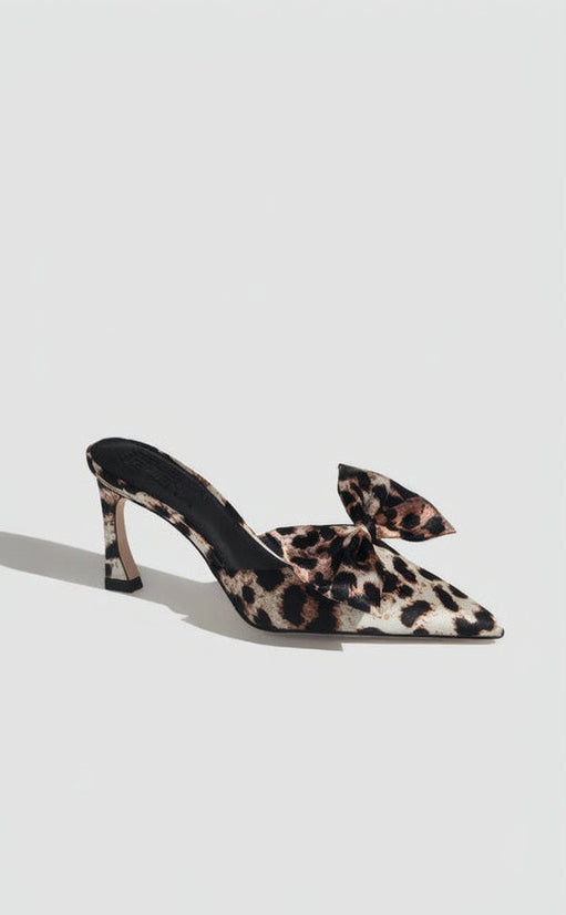 The Vixen Bow Mule in Leopard Satin