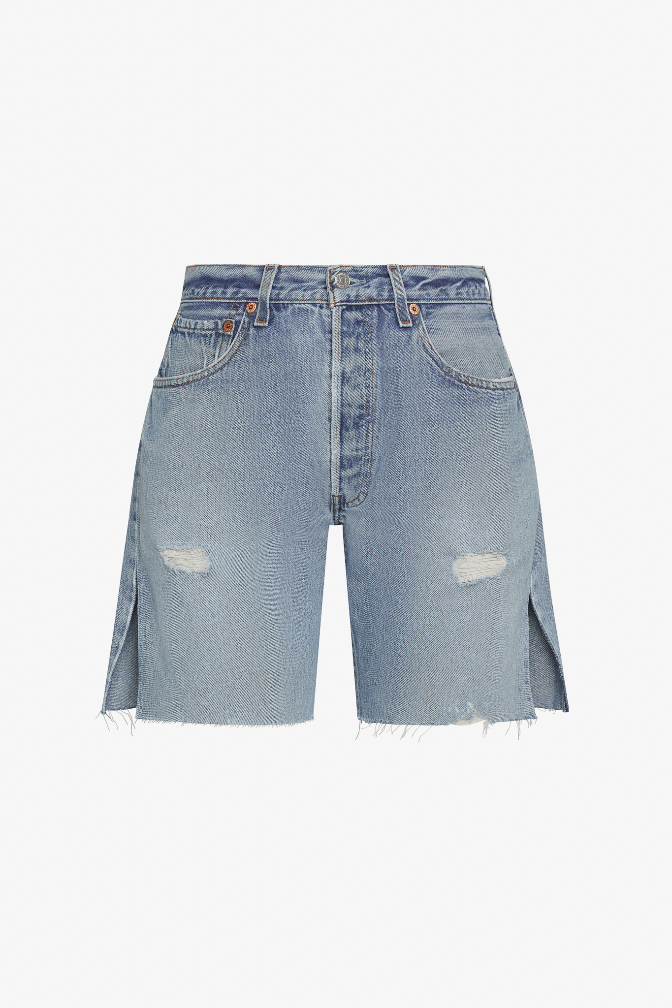 Denim shorts made from repurposed denim jeans on a white background. 