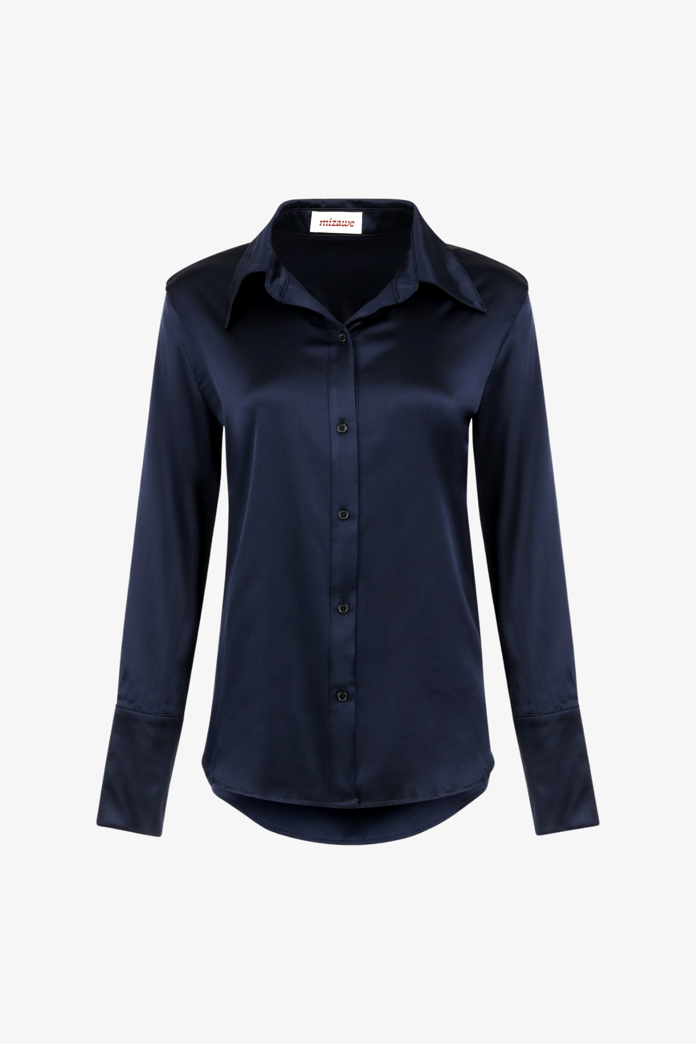 The navy siena silk button up shirt in a white background. Made in Los Angeles