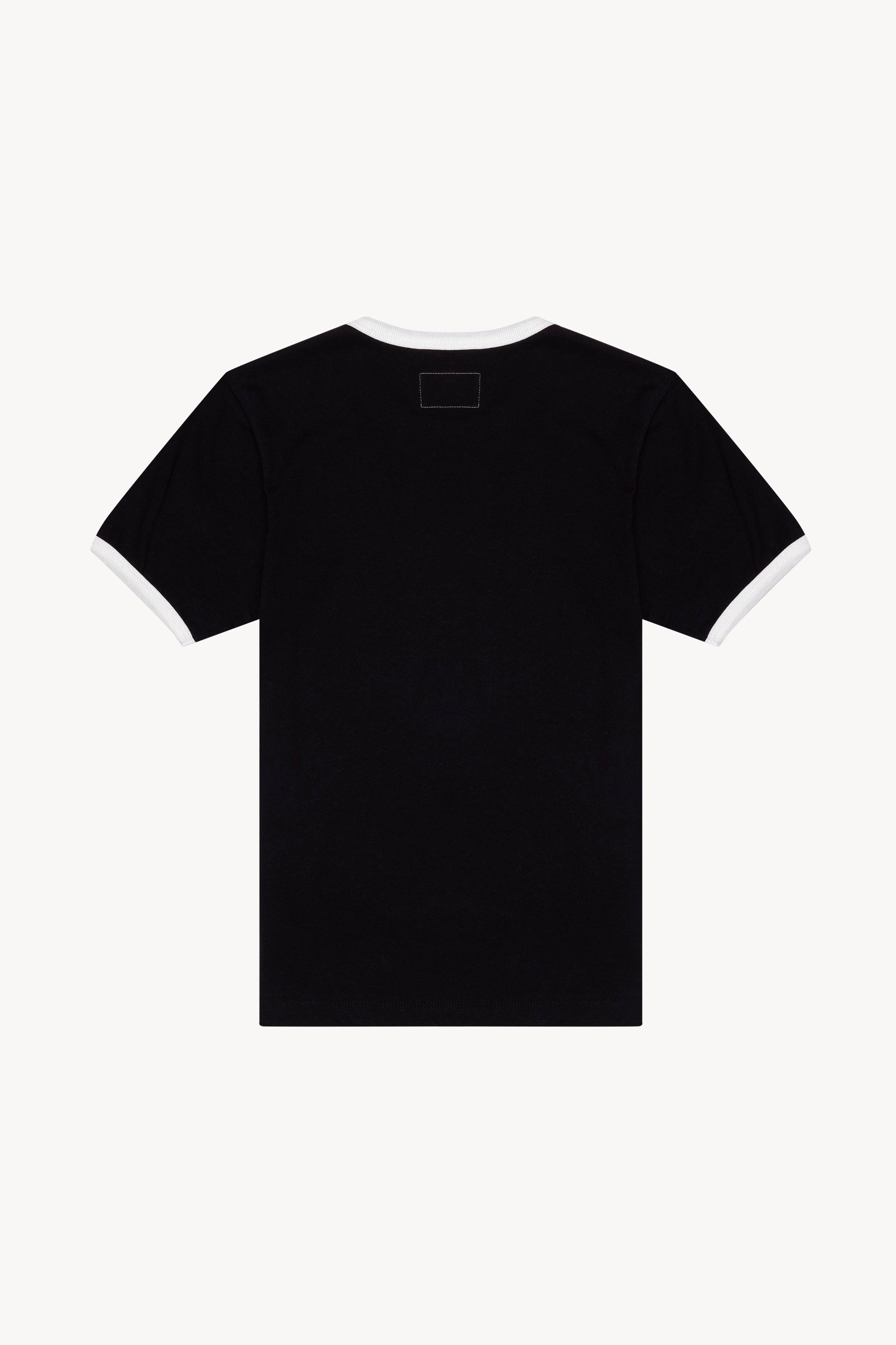 The star ringer tshirt in black with white contrast in a white background. 100% made from organic grown cotton. 