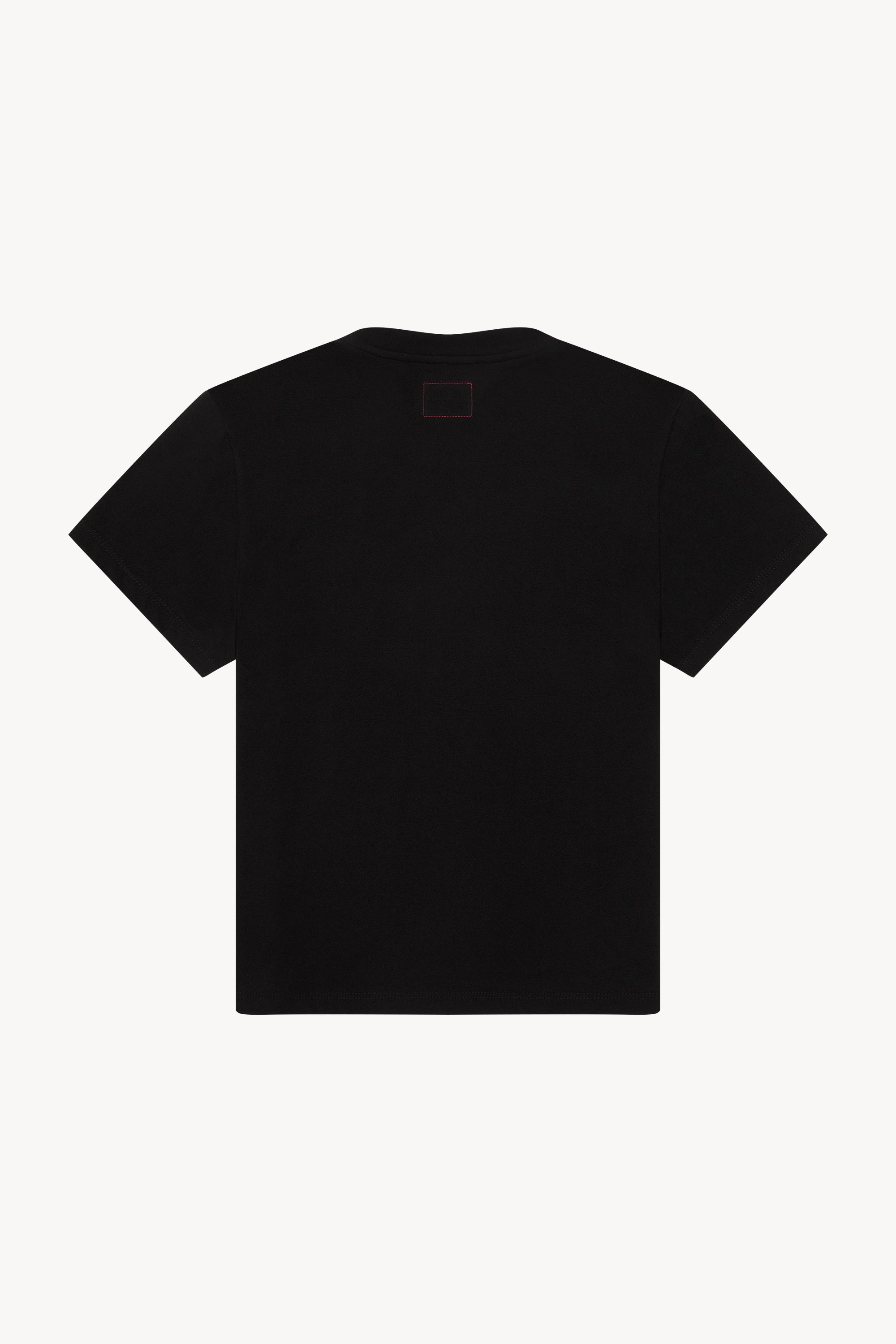 The black T101 classic tee in a white background. 100% made from organic grown cotton. 