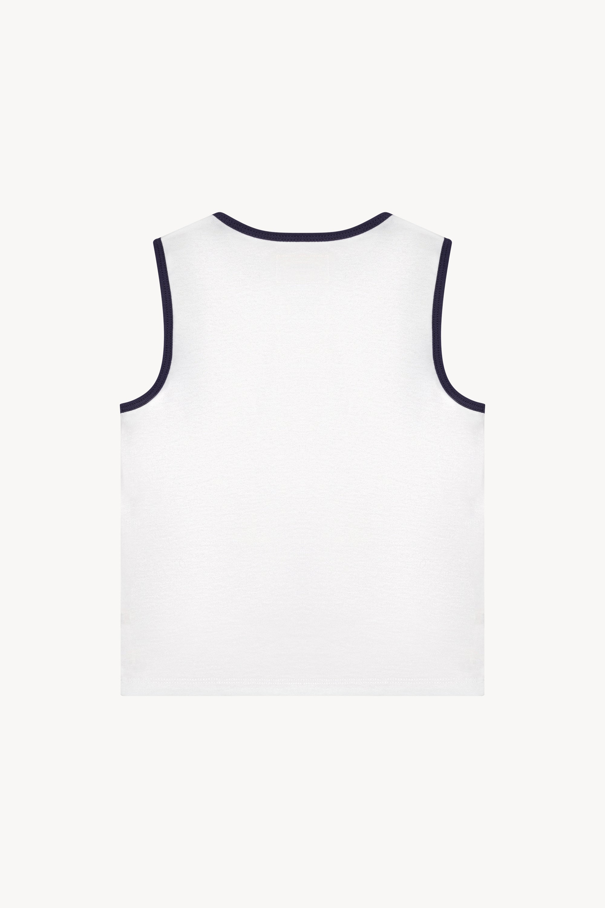 The white/navy 03 tank in a white background. 100% made from organic grown cotton.