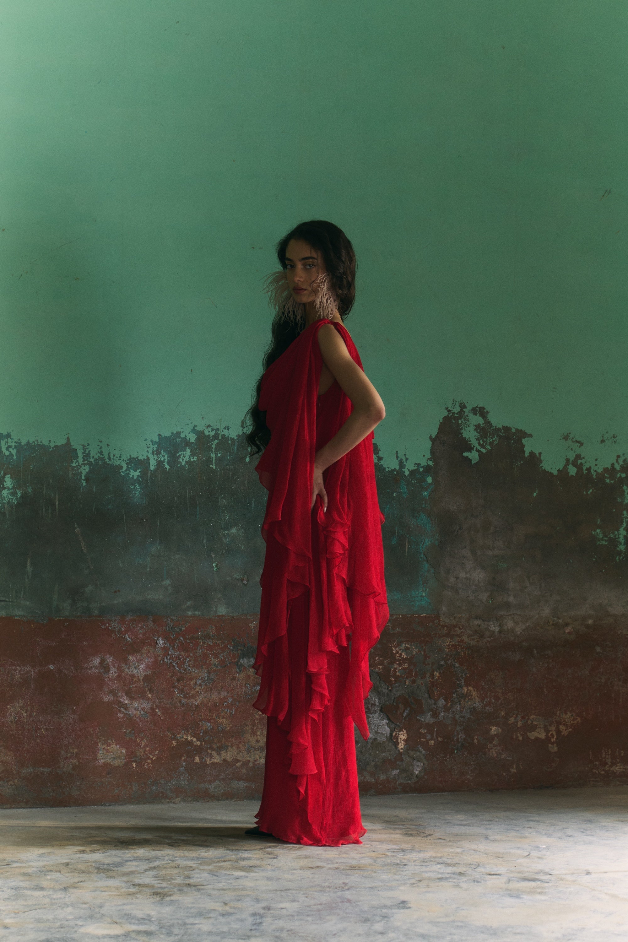 Red Chiffon Draped Dupatta Dress