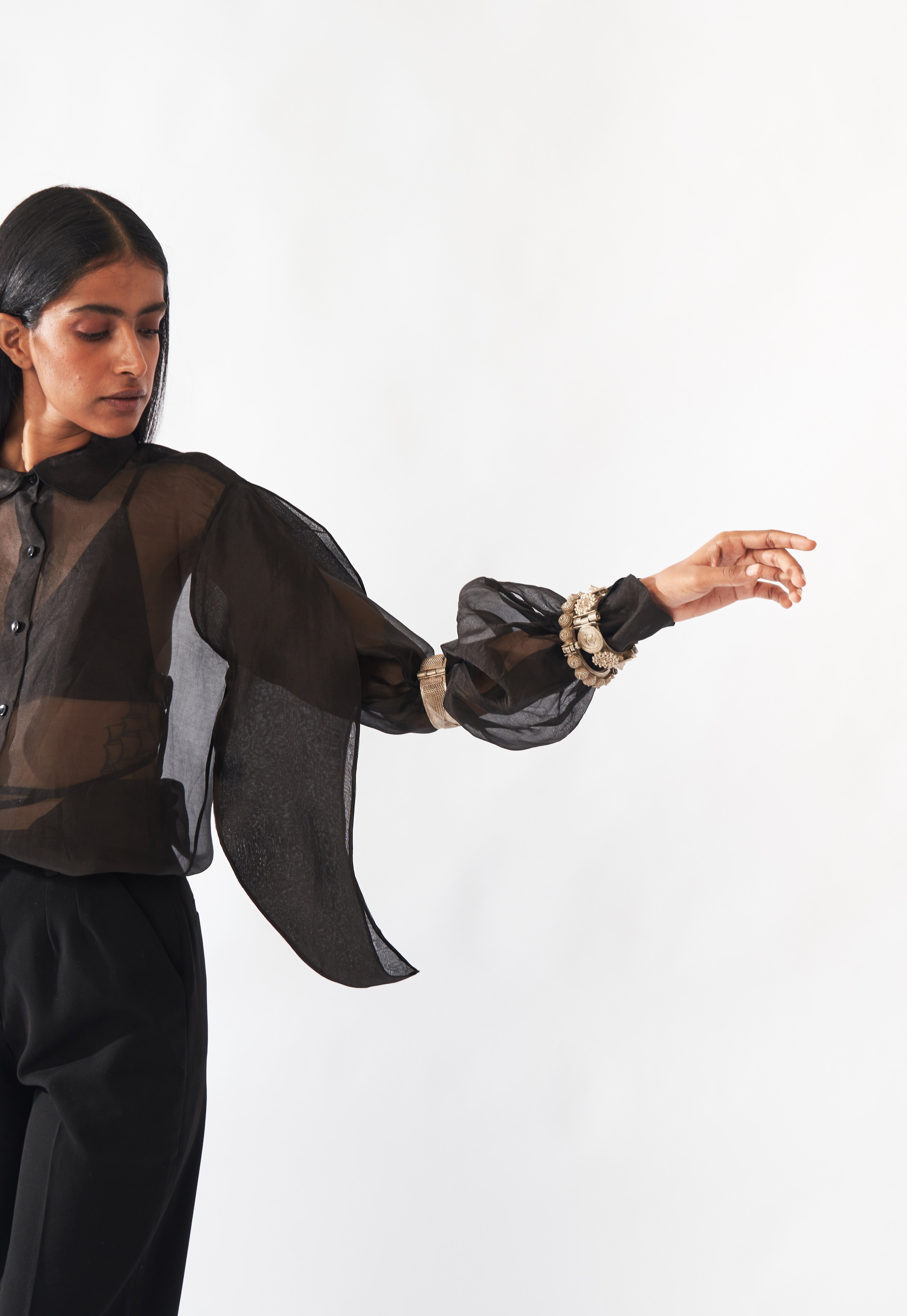 Silk Organza Moon-Sleeve Shirt