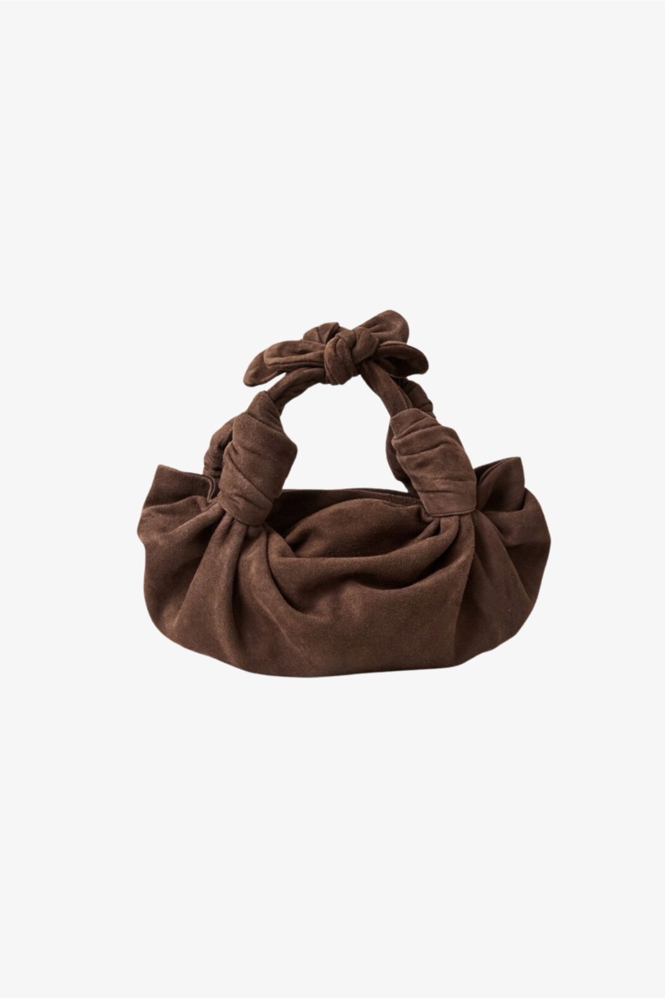 The chocolate brown suede knot bag in a white background. Deadstock suede fabric sourced in Los Angeles.