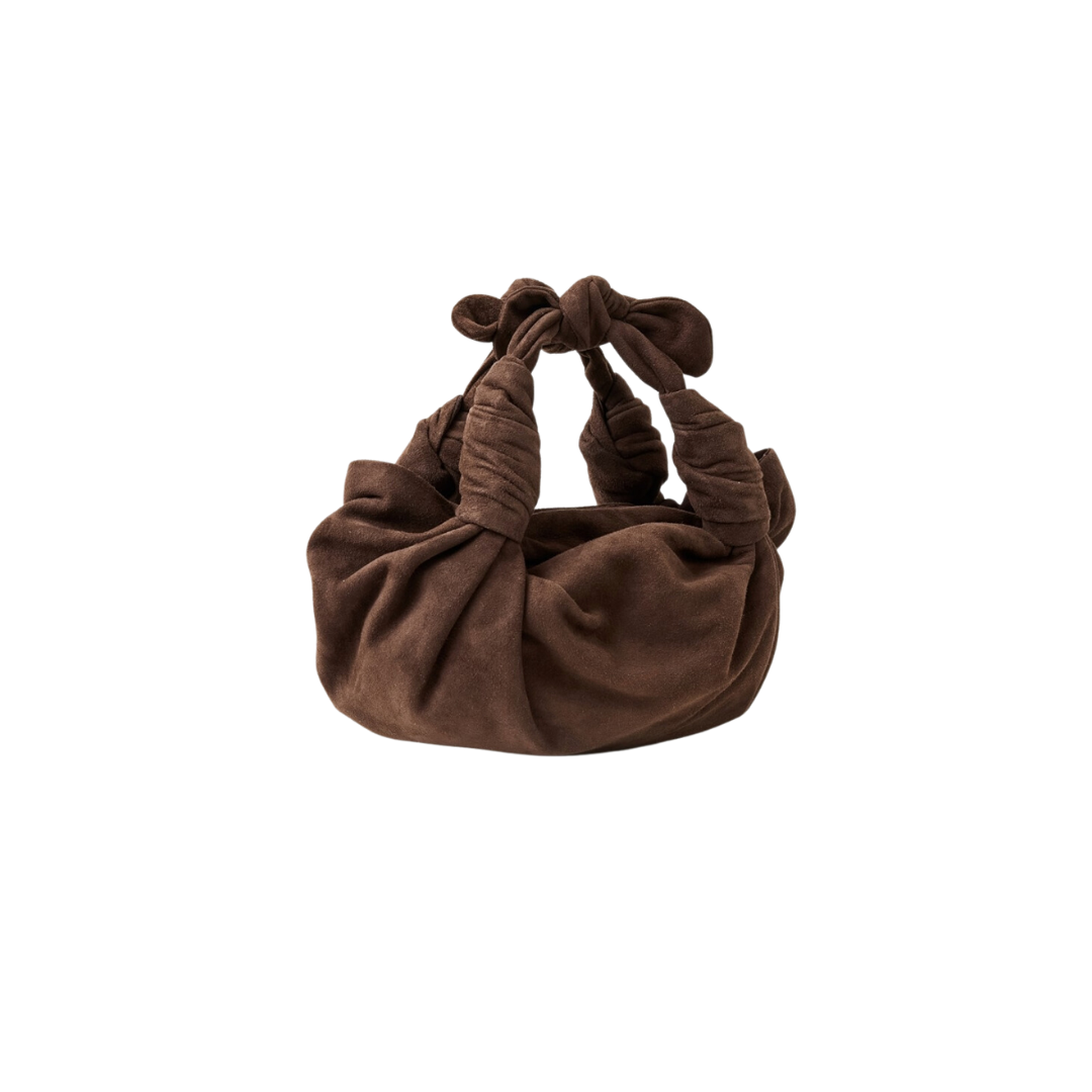 the chocolate brown suede knot bag in a white background. Deadstock suede fabric sourced in Los Angeles.