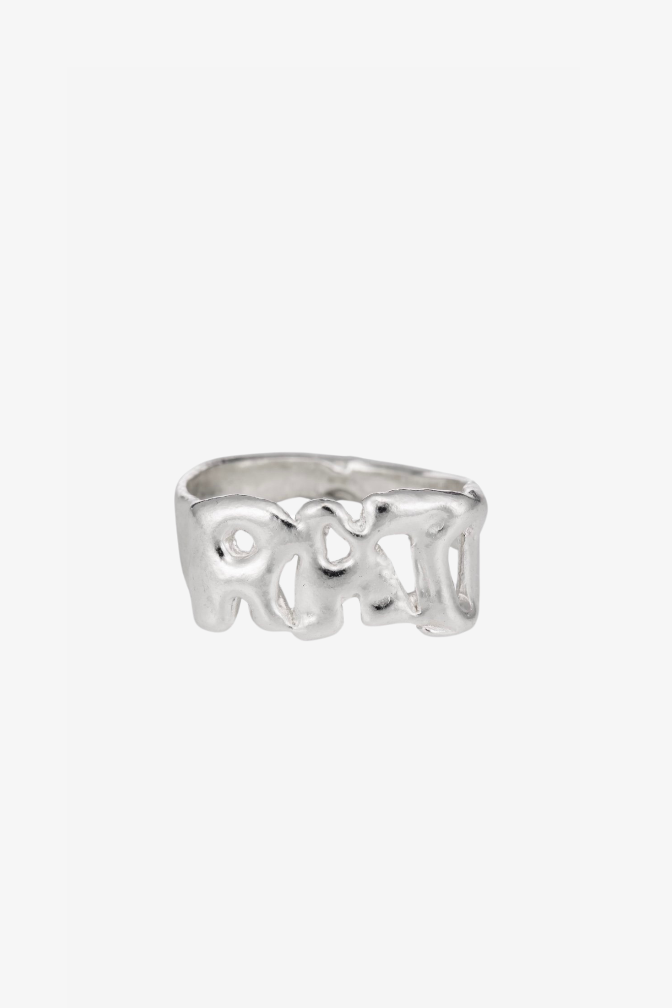 The silver custom letter ring in a white background. Made from 100% recycled metals and lab created gemstones.