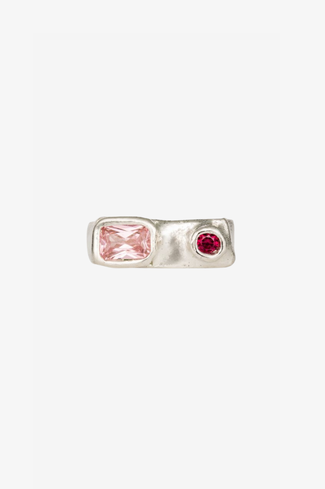 The custom marija signet ring in a white background. Made from 100% recycled metals and lab created gemstones.